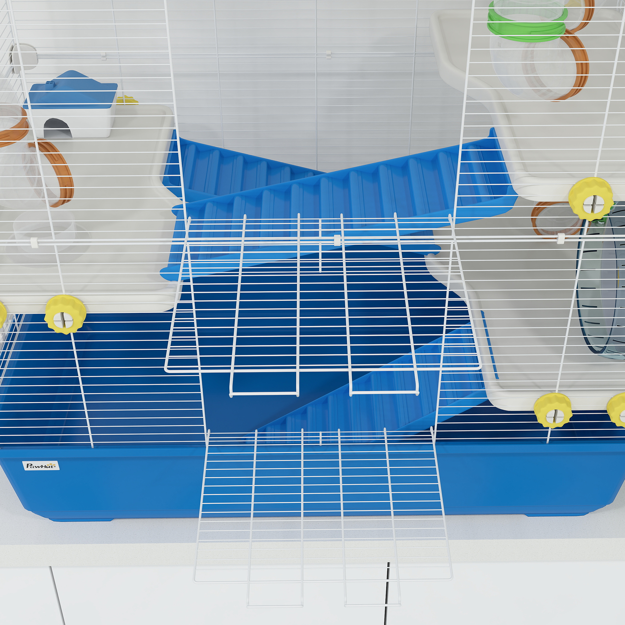 Hamsterkäfig mit 4 Ebenen, Kleintierkäfig mit Tunnelsystem, Hütte, Laufrad, für Zwerghamster, 78 x 45 x 73 cm, Blau