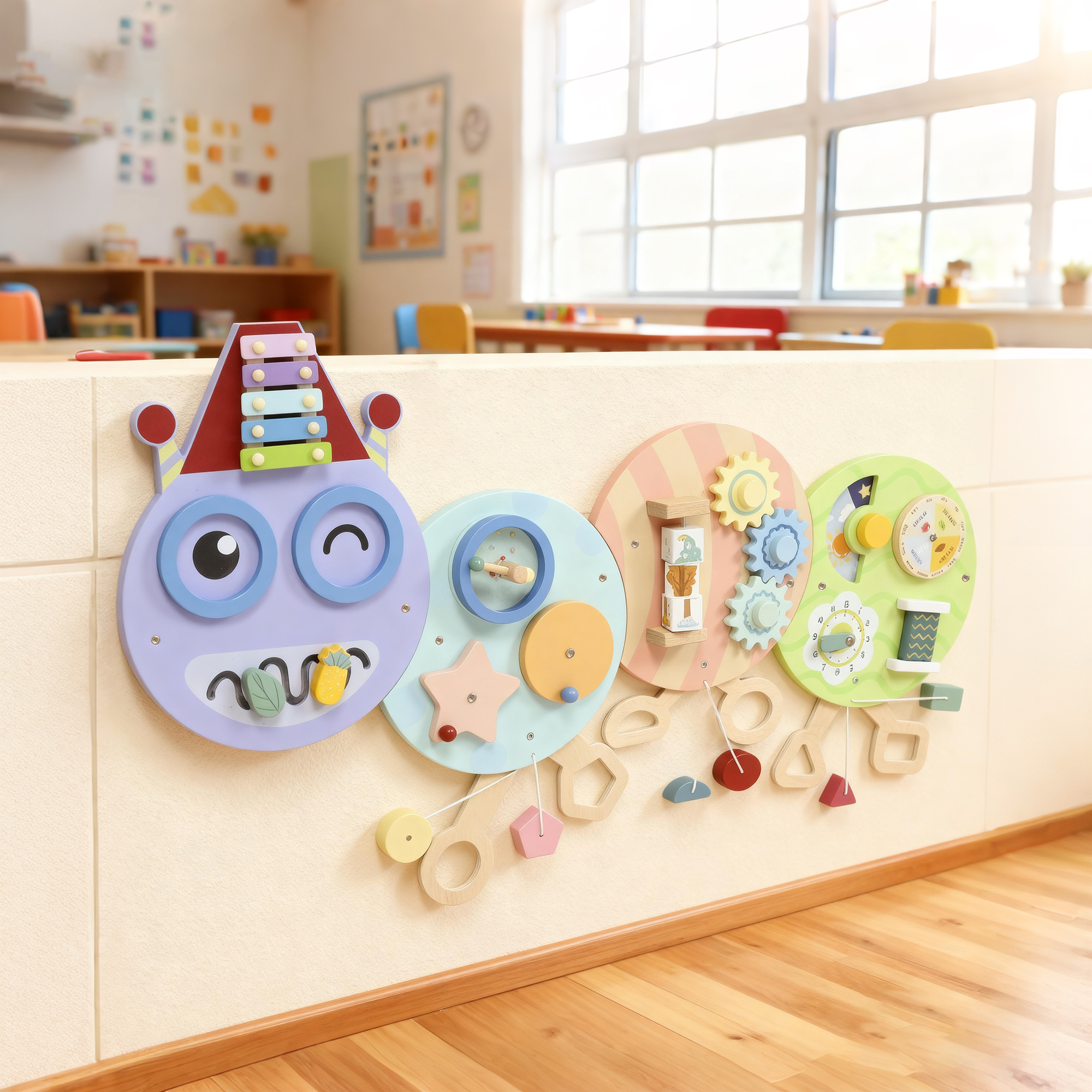 7-in-1 Wandspielzeug, Xylophon, Zahnräder, Raupen-Design, MDF, 108 cm, Bunt