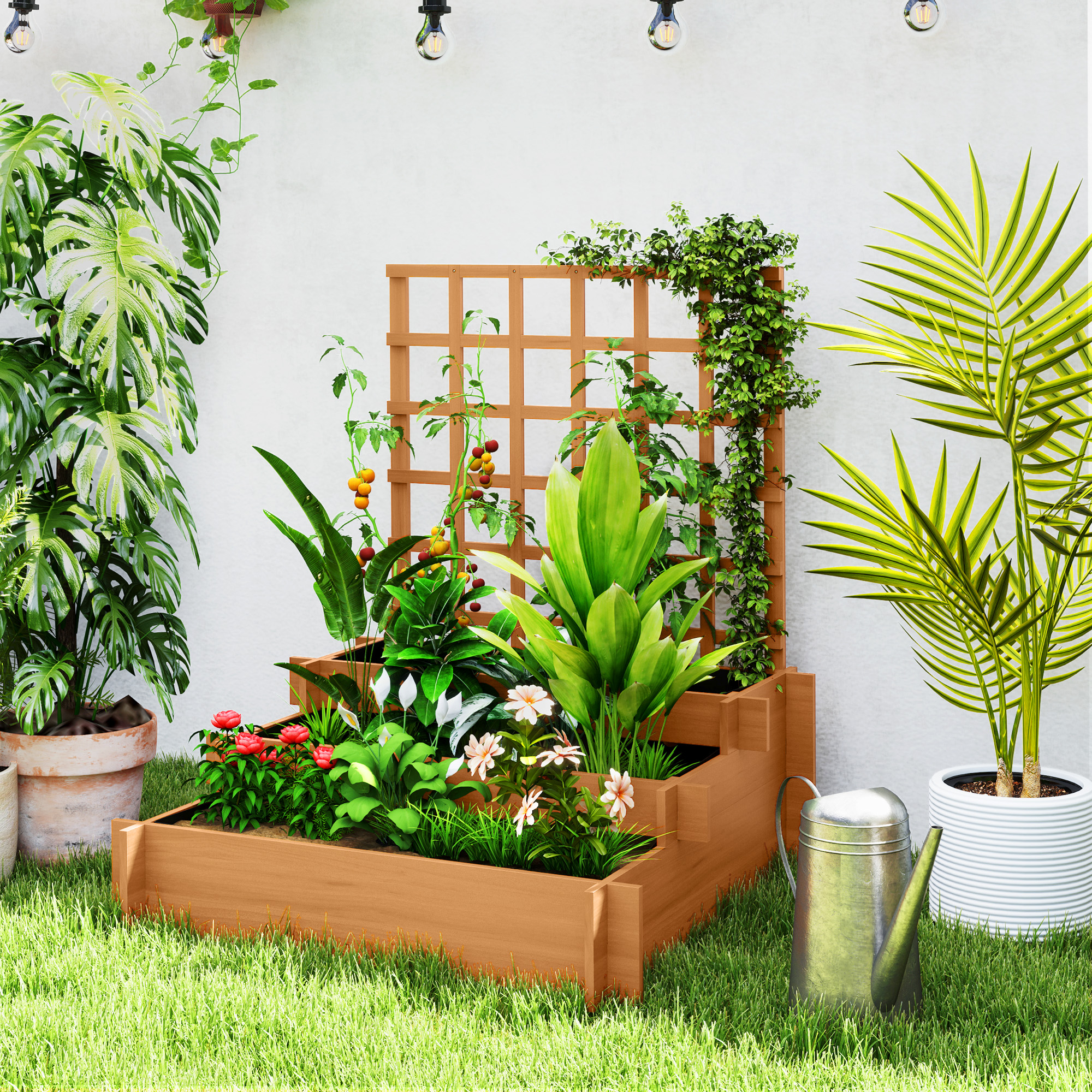 Hochbeet mit Rankhilfe, 3-stufig Blumenkasten mit Vliesstoff Tannenholz, Braun, 95 x 95 x 110 cm