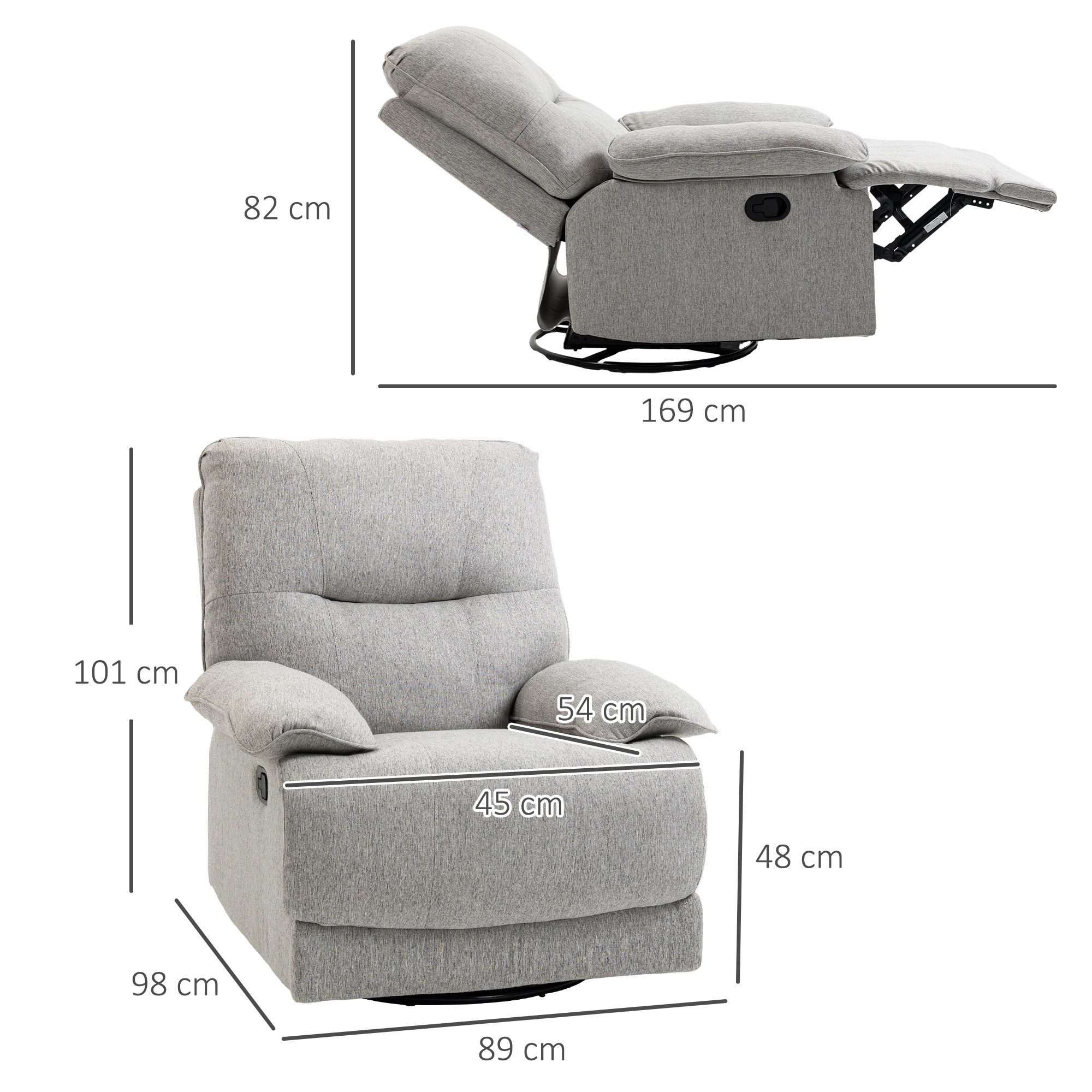 Relaxsessel mit Liegefunktion, Fußstütze, bis 160 kg, 89x98x101cm, Hellgrau