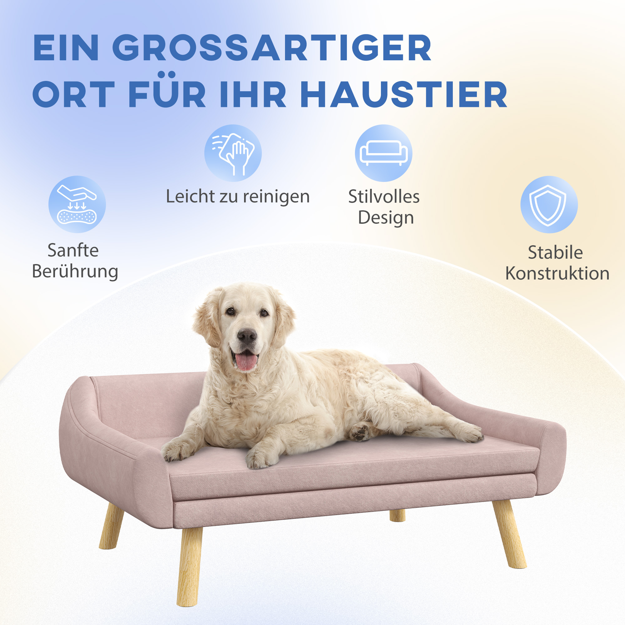 Haustiersofa Hundesofa, Skandidesign, abnehmbares Polster, Samtoptik, 102 cm x 58,5 cm x 42,5 cm, Rosa + Natur