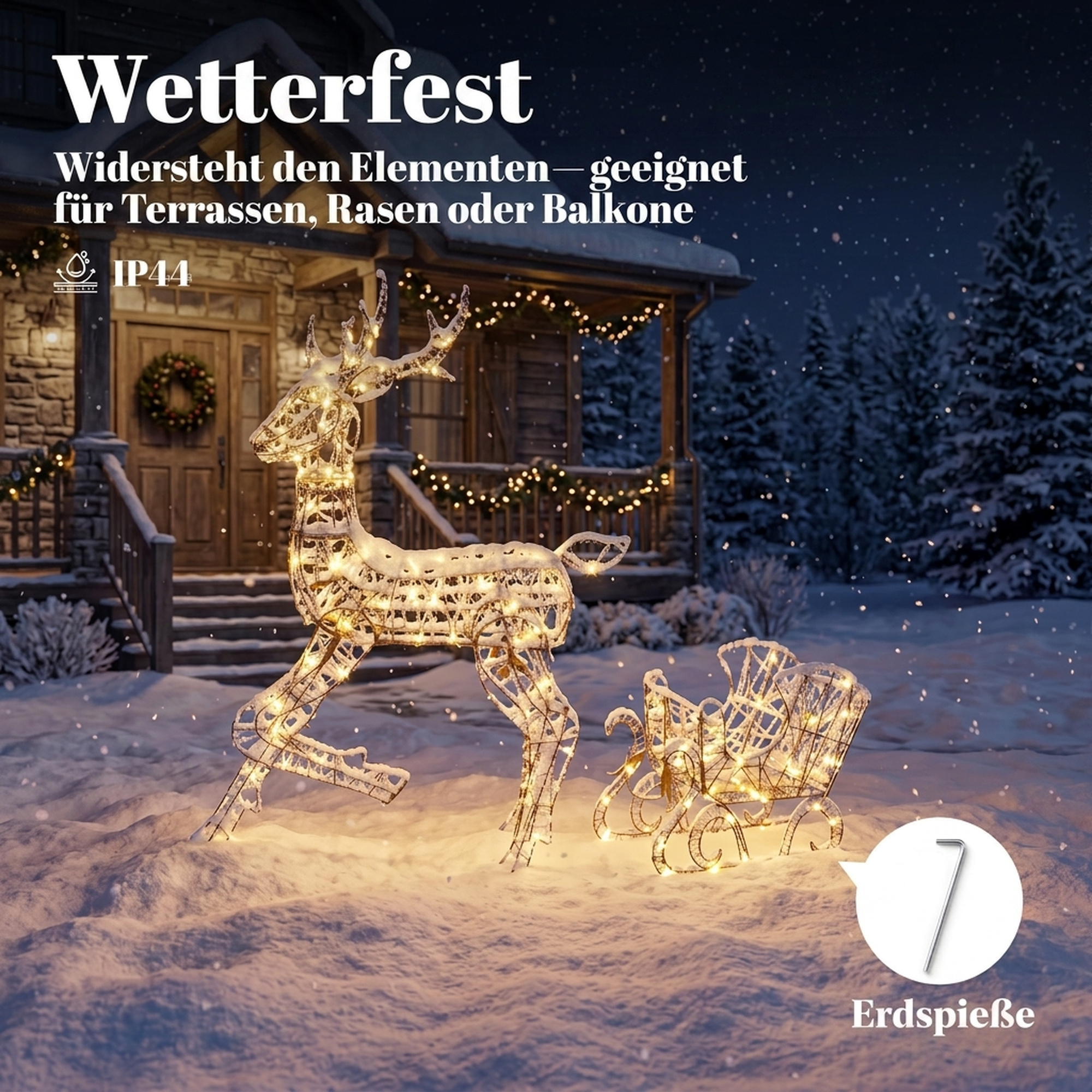 beleuchtetes Rentier- und Schlitten-Set, 2-teilige Weihnachtsdeko aus Polyrattan für außen, mit LEDs, 8 Modi, Timer