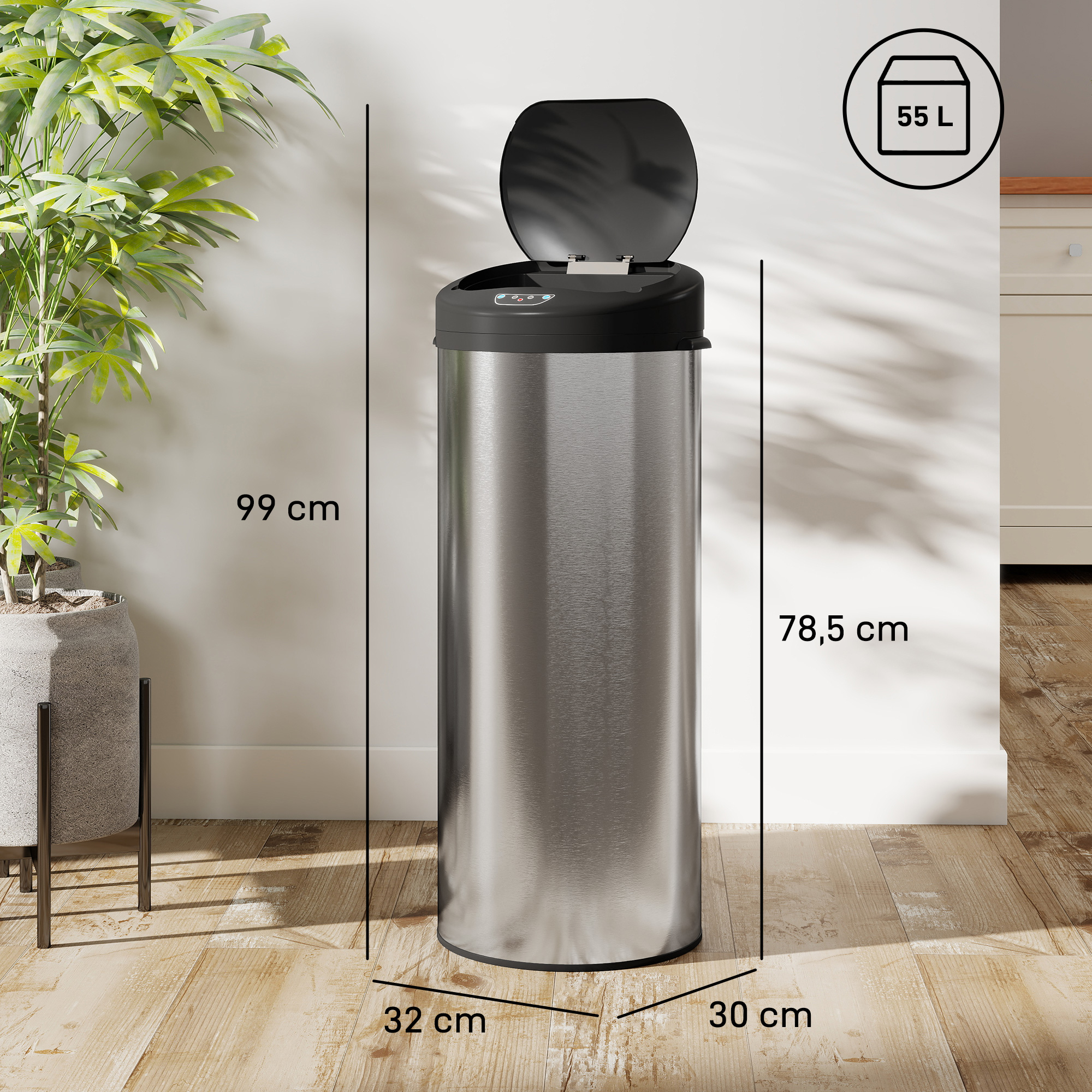 Sensor Mülleimer 55L Berührungsloser Abfalleimer mit Soft-Close-Deckel aus Edelstahl für Küche Fitnessstudio