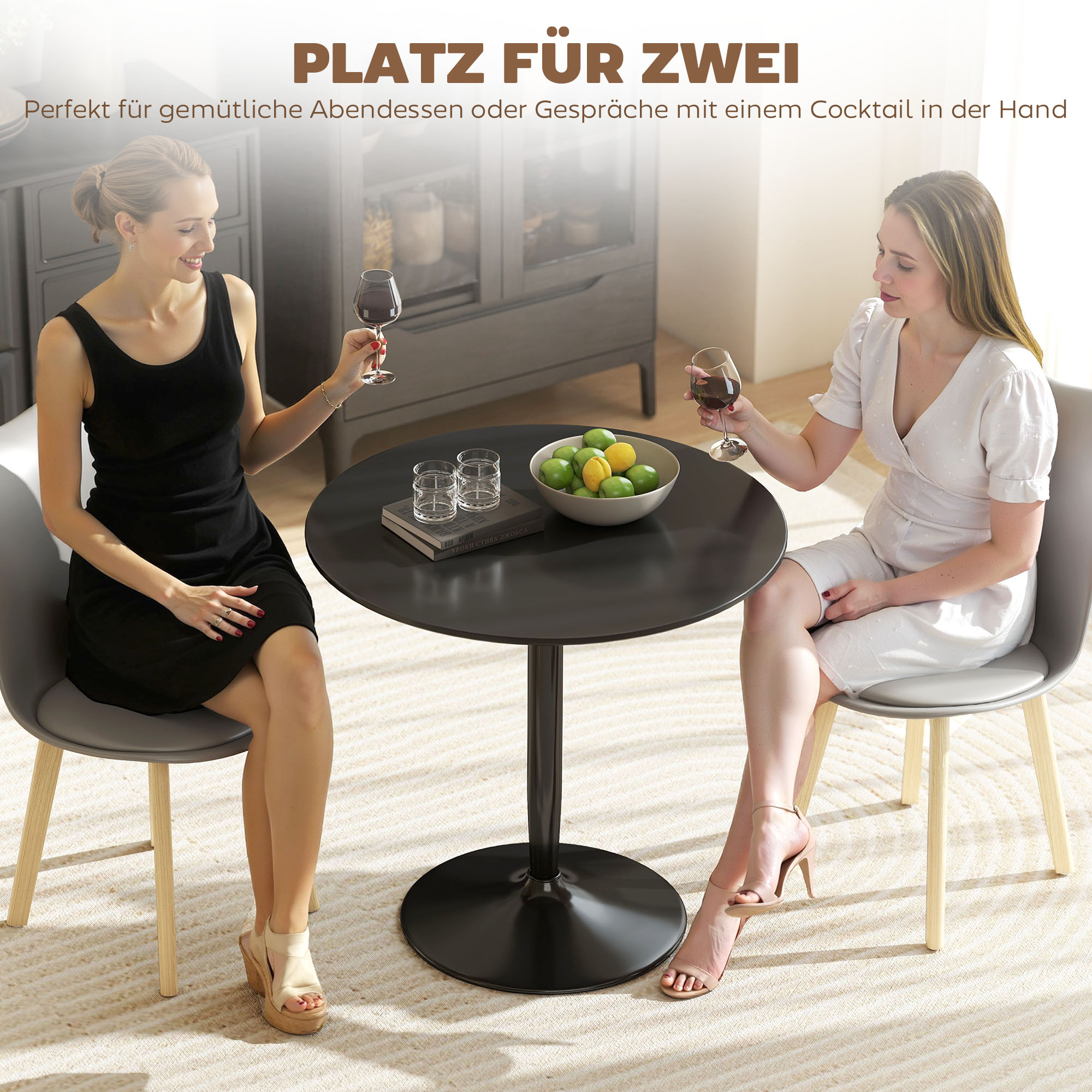 Esstisch für 2 Personen, runde Tischplatte Ø80 cm, MDF und Stahl, rutschfest, Schwarz, 75H cm
