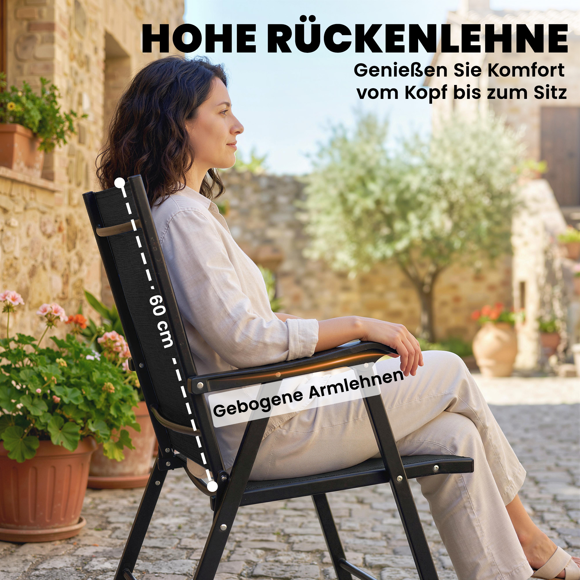 2er-Set Klappstuhl Gartenstuhl klappbar mit hoher Rückenlehne Armlehne Stahl Texteline 58 x 62 x 97 cm Schwarz