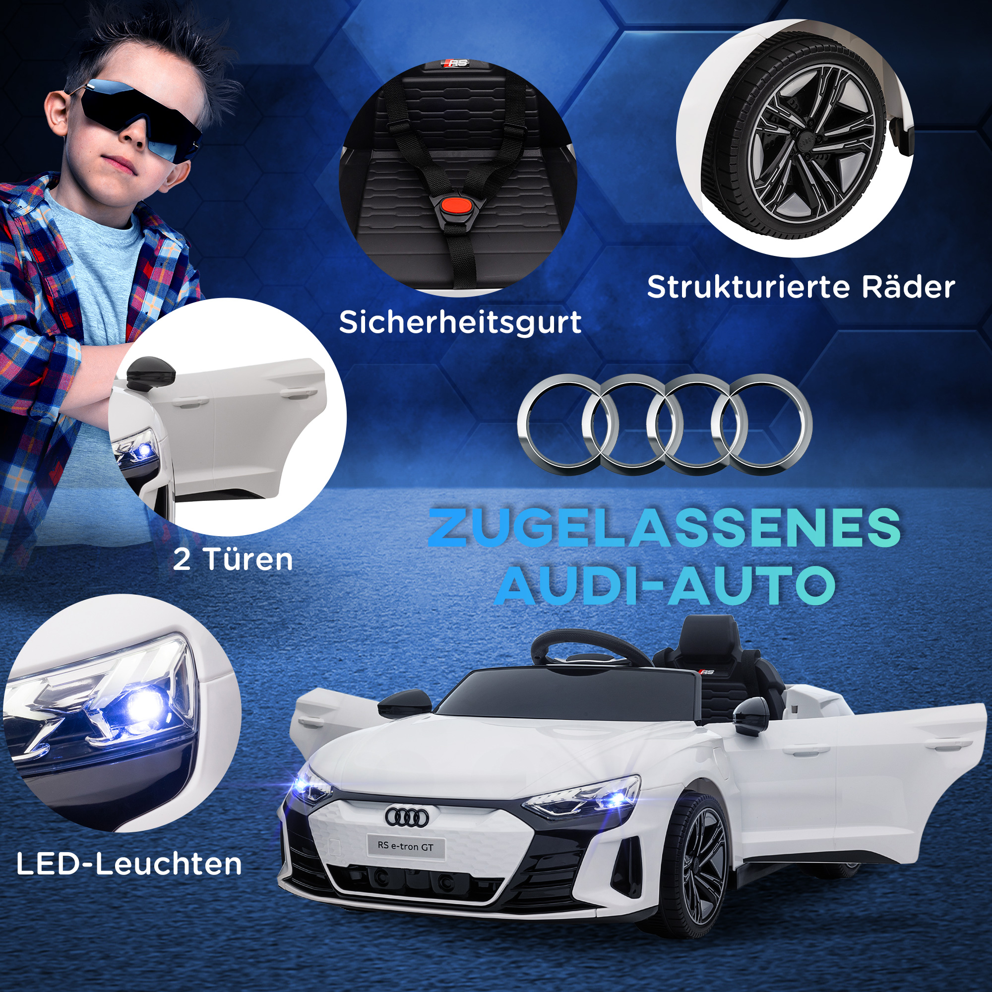 Kinderfahrzeug Audi RS e-tron GT mit Sicherheitsgurt, Fernbedienung, Scheinwerfern, Musikfunktion, weiß, 103 x 58 x 41cm