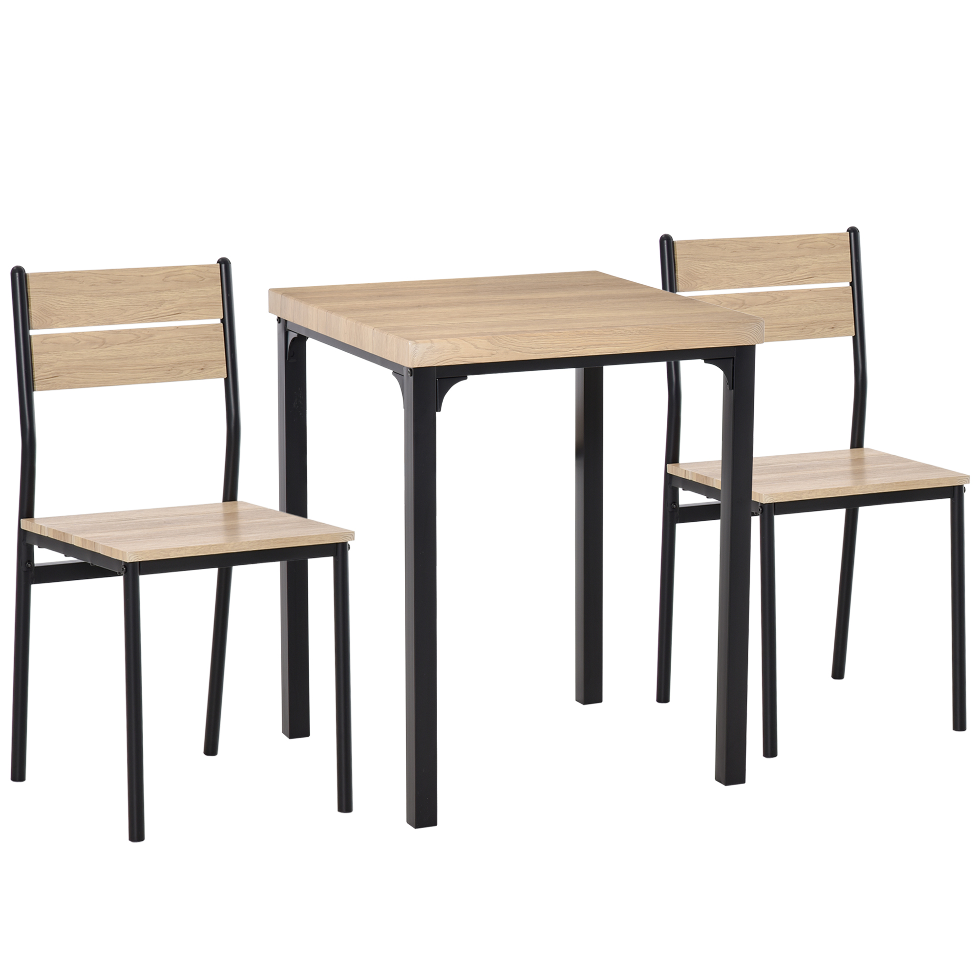 3-teilige Esstisch Küchentisch mit Stühlen Set Naturholzmaserung + Schwarz mit 1 Tisch + 2 Stühlen
