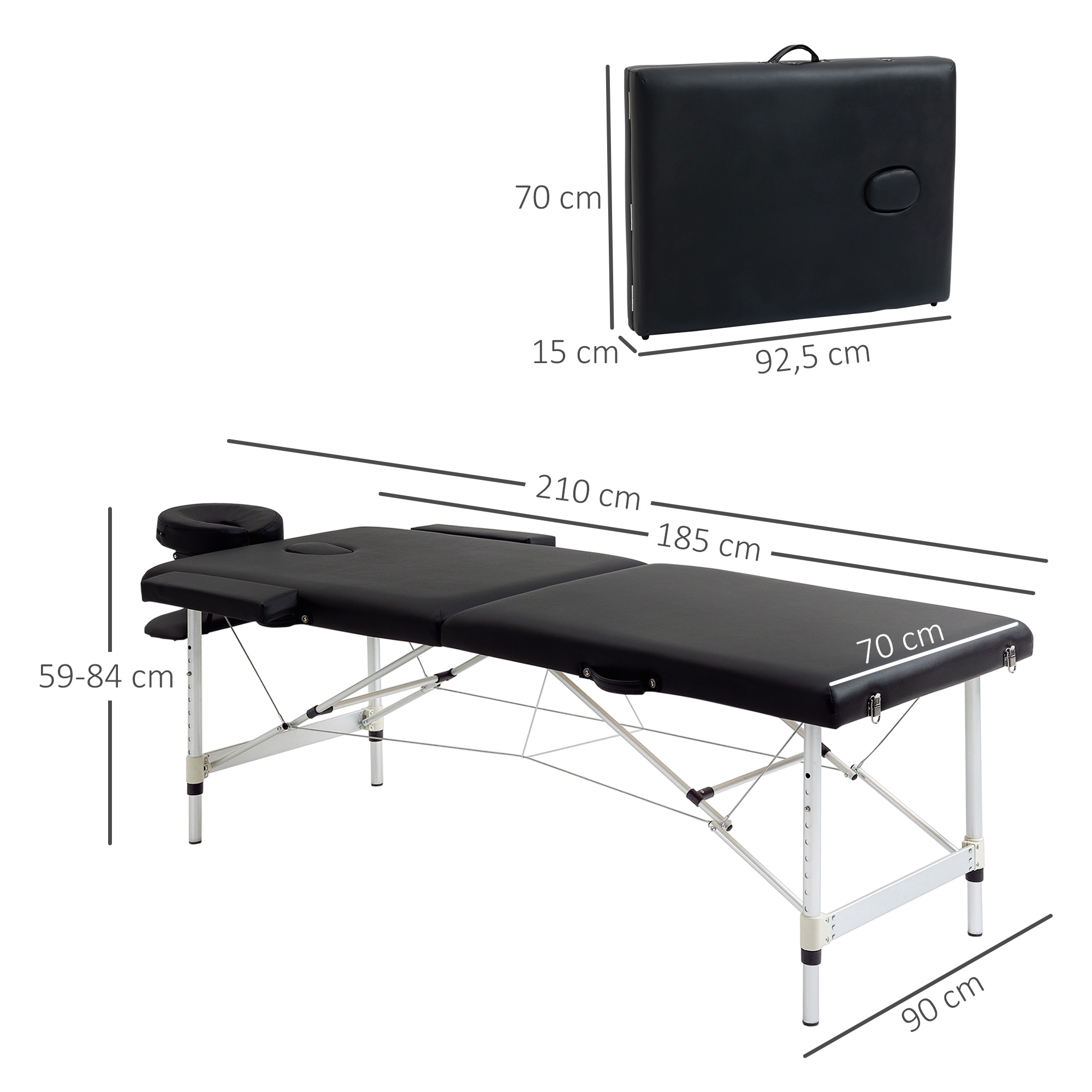 Massageliege, 2 Zonen klappbarer Massagetisch mit Kunstleder, Kopfstütze, Armlehnen, Tasche, höhenverstellbare Massagebank 90cm Breit bis 225 kg belastbar, Schwarz