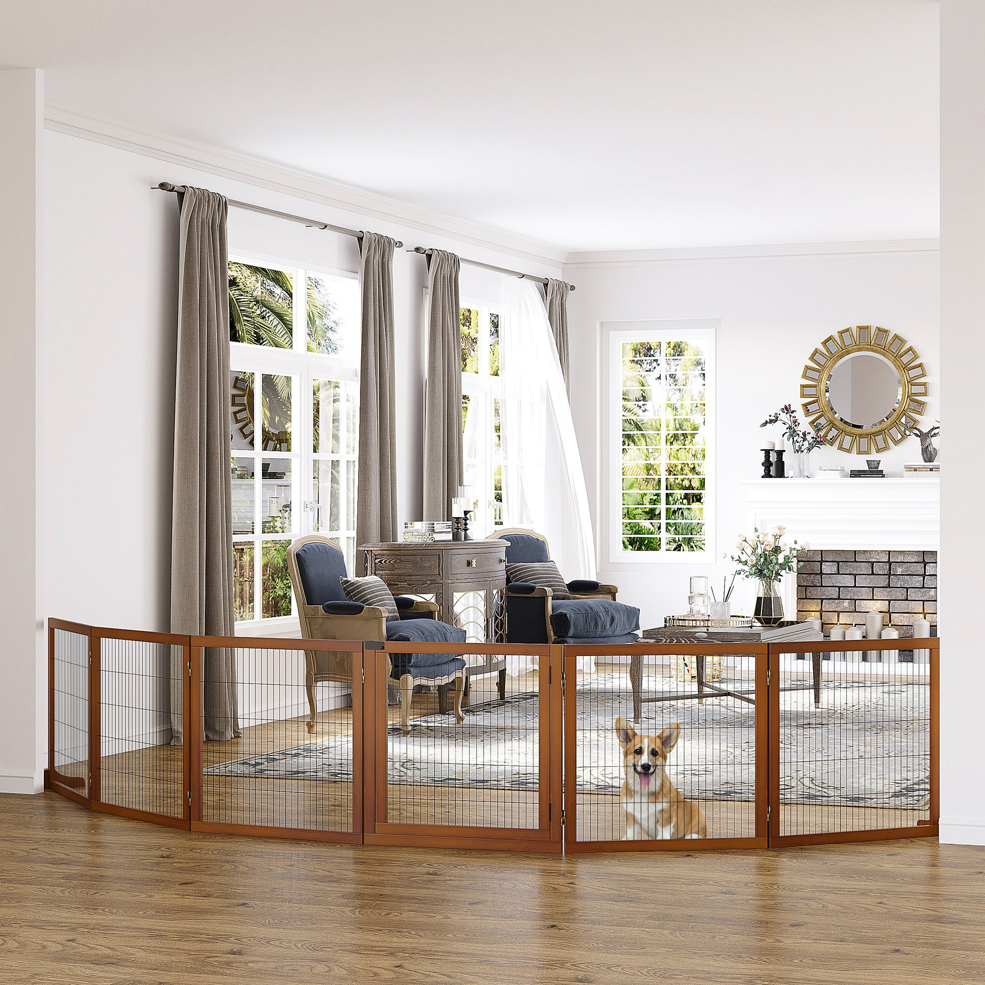 Absperrgitter für Hunde, klappbar, Kiefernholz, 432 x 36 x 70 cm, Kaffee