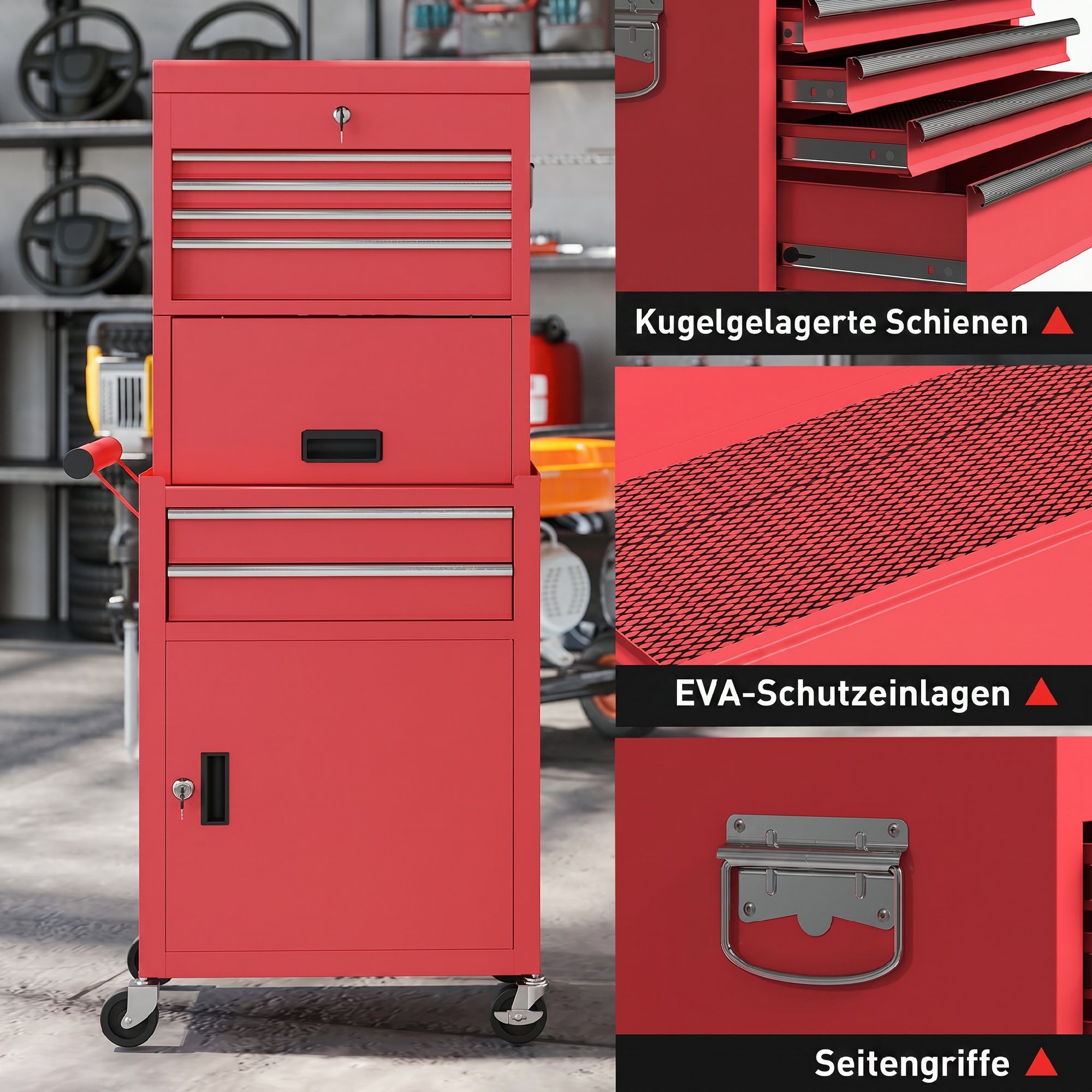 rollbarer Werkzeugschrank, 6 Schubladen, 2 Schränke, Stahl, verschließbar, Rot