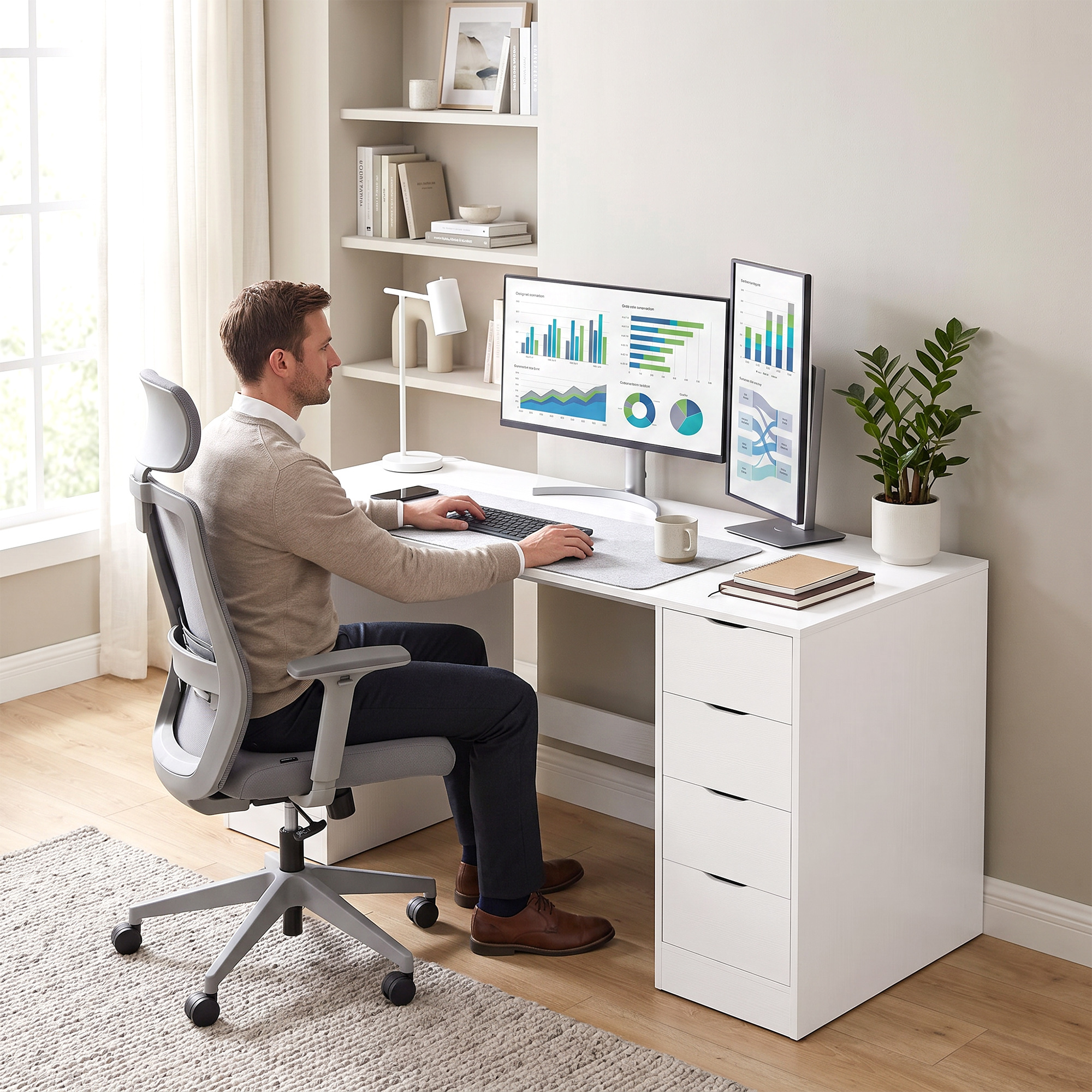 Schreibtisch 140 cm mit 8 Schubladen, moderner Bürotisch mit Stauraum, weiße Holzoptik
