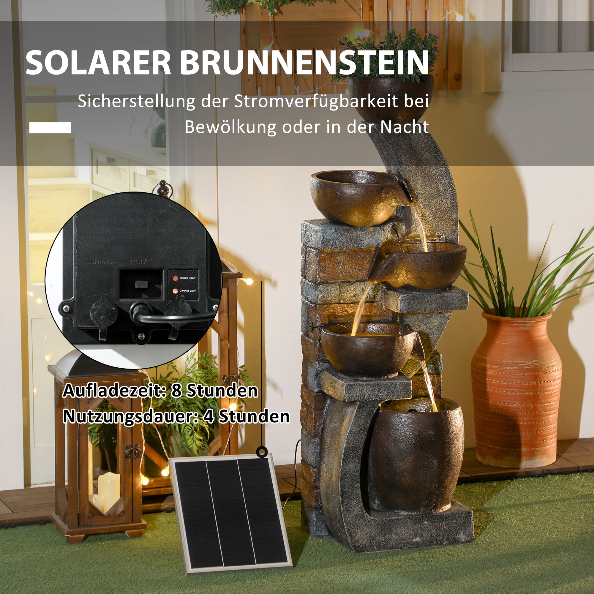 Gartenbrunnen, Backsteinoptik, 5-stufig, Solarbetrieb, LEDs, 107cm, Kunstharz, Grau/Braun