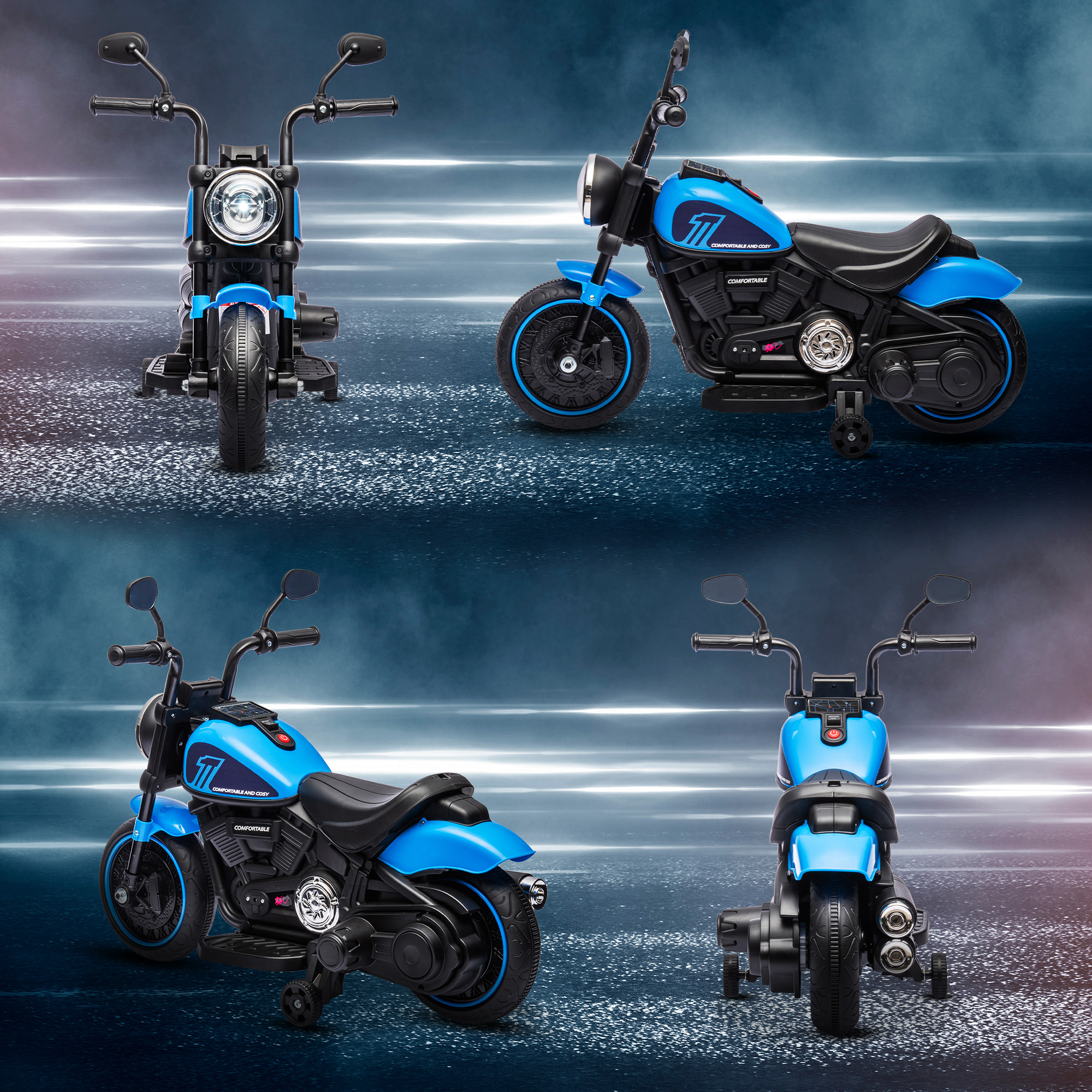 Kindermotorrad, elektrisches Kinderfahrzeug, mit Scheinwerfer, 3 km/h, Blau + Schwarz