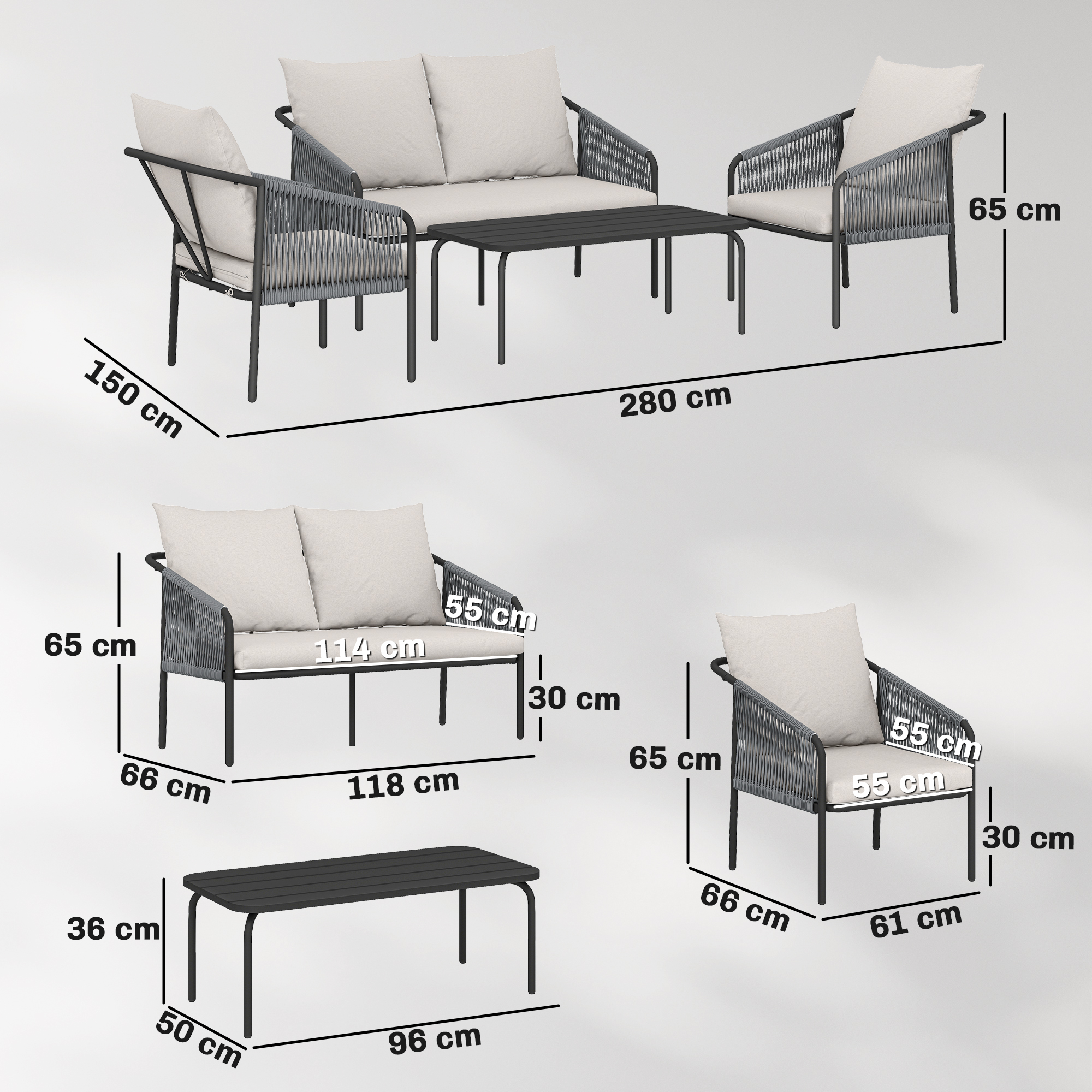 Gartenmöbel Set 4-teilig Polyrattan Lounge-Set mit Zweisitzer 2 Sessel Couchtisch abnehmbar Kissen Bindebändern