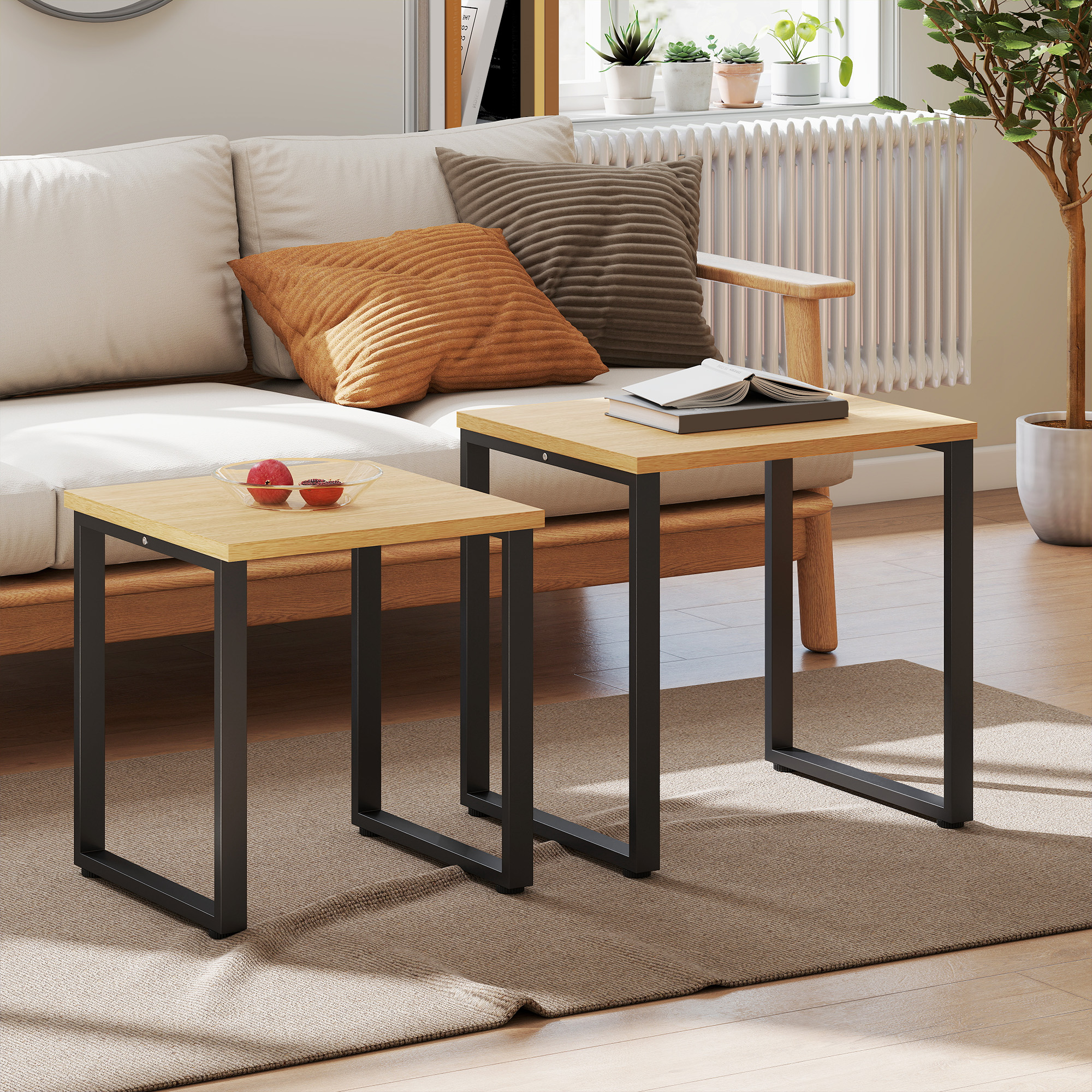 Couchtisch 2er Set Wohnzimmertisch mit Metallrahmen für Wohnzimmer Natur