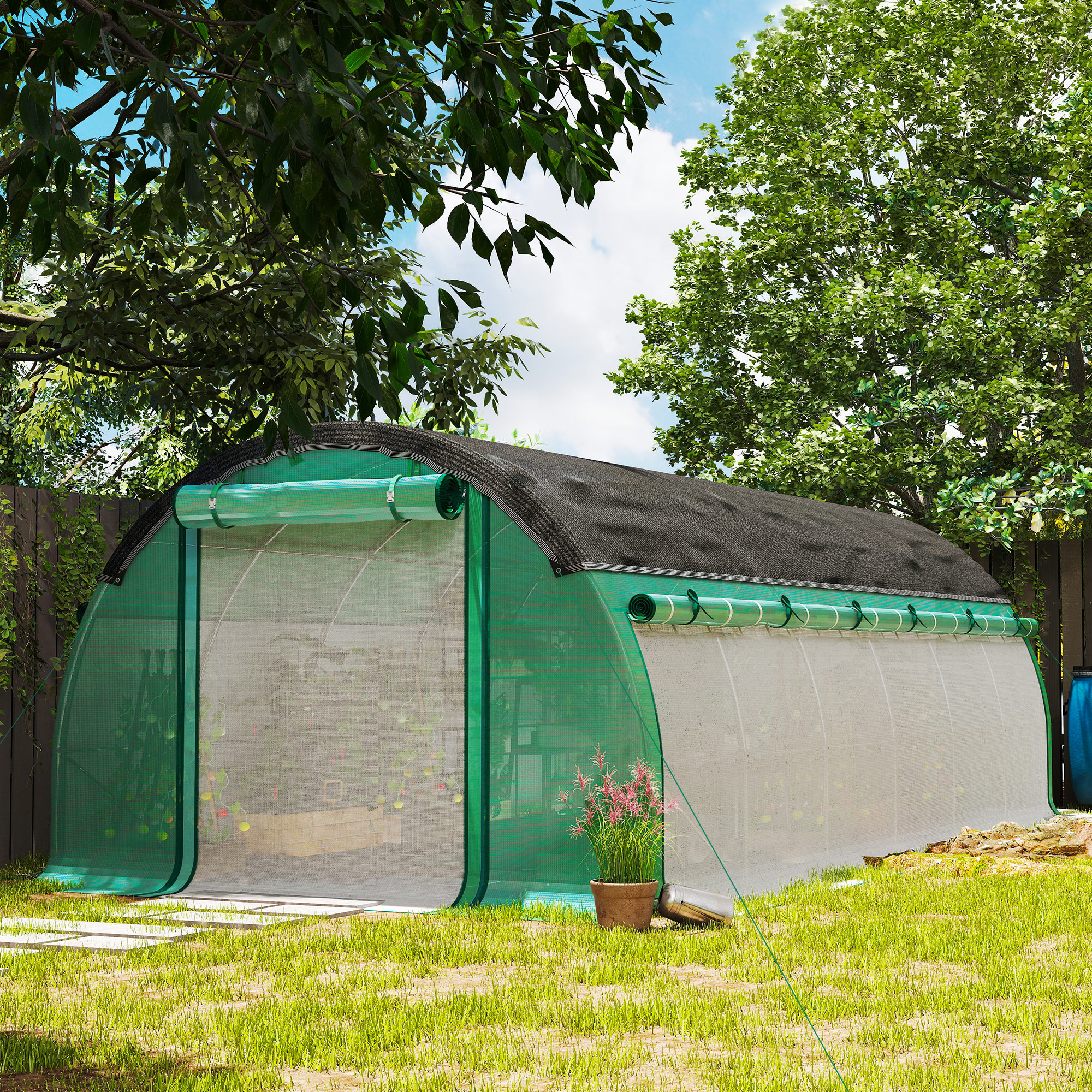 6 x 3 x 2 m Polytunnel-Gewächshaus mit Sonnenschutznetz, rollbaren Seitenwänden, Kunststoff-Abdeckung, Stahlrahmen, Grün