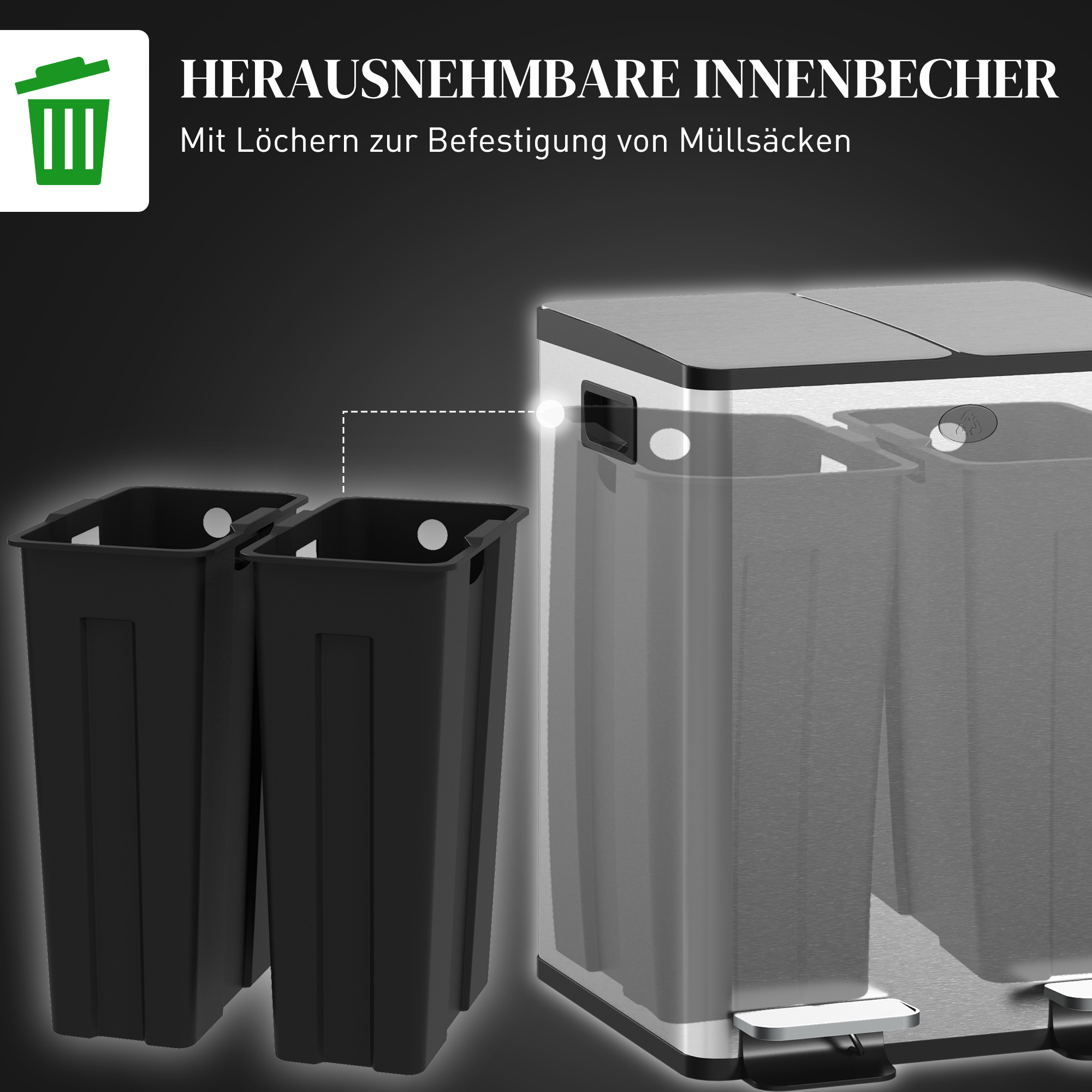 2x 20l Doppelmülleimer, Pedalöffnung, leicht zu reinigen, Edelstahl, Kunststoff, Silber