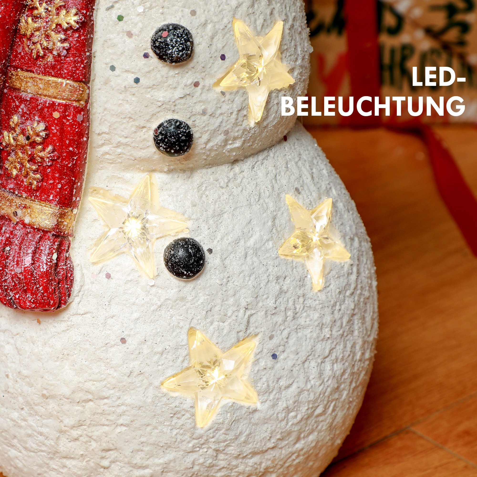 Weihnachtsdeko, Schneemann mit Vogel, 4 warmweiße LEDs, batteriebetrieben, 25 x 15,5 x 38 cm