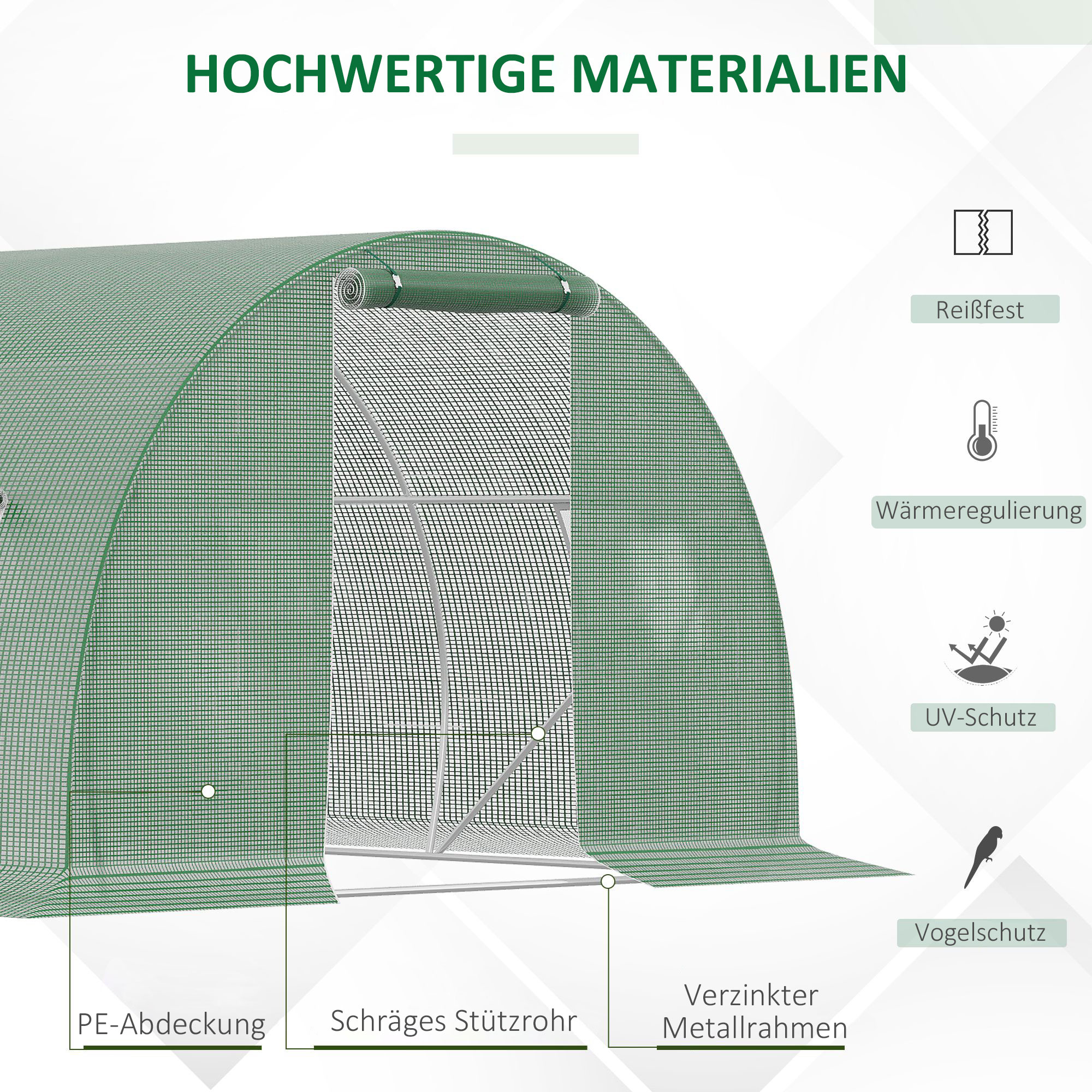 Foliengewächshaus begehbares Polytunnel 4,5 x 3 m Gewächshaus mit 6 Fenster Treibhaus Frostschutz Stahlrohr Dunkelgrün