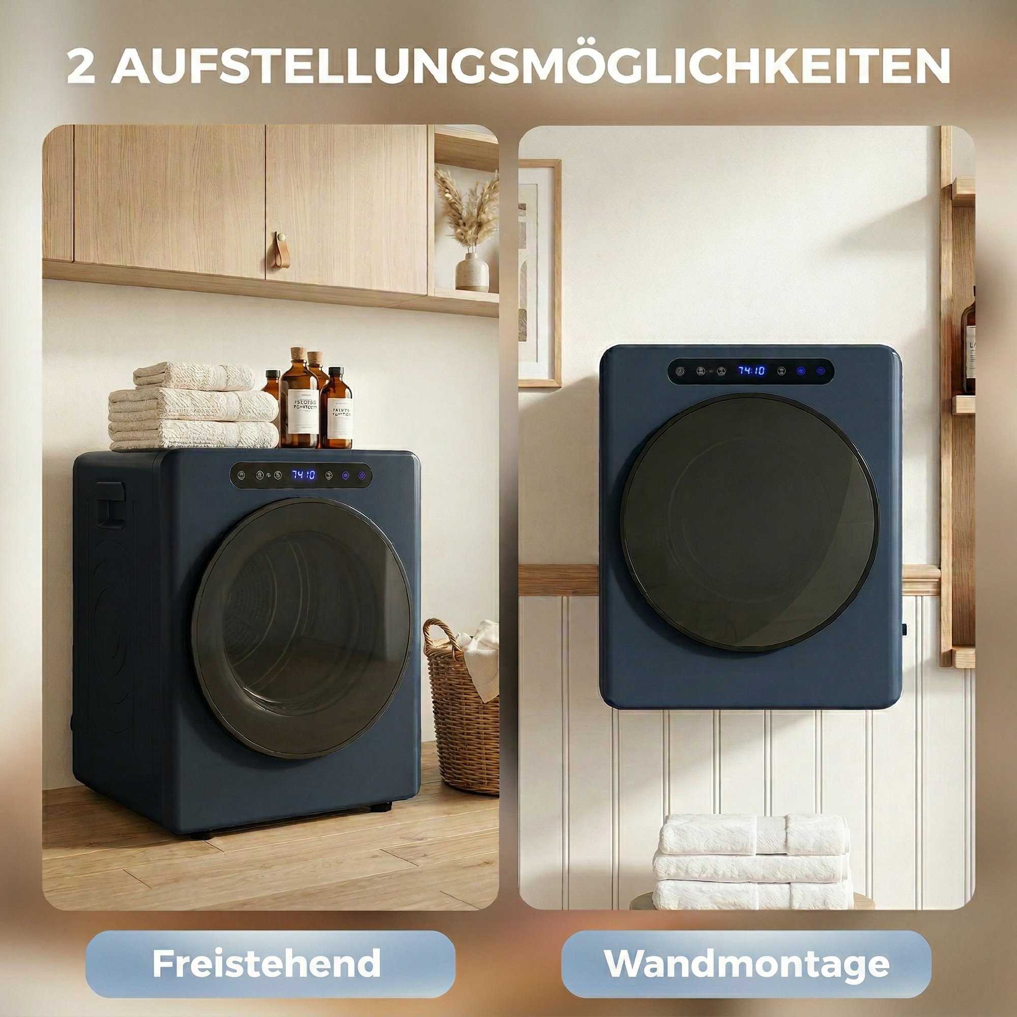 5kg Ablufttrockner, 1000W Kompakter freistehender Frontlader-Wäschetrockner mit Edelstahltrommel, Timer, Blau