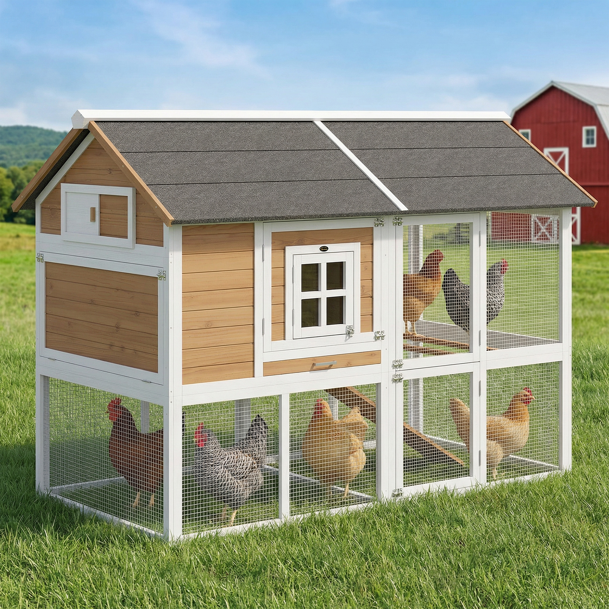 Hühnerstall Hühnerhaus mit Auslauf Nistkasten herausziehbarem Tablett Asphaltdach für 4 Hühner 200x104x145cm Holz Braun