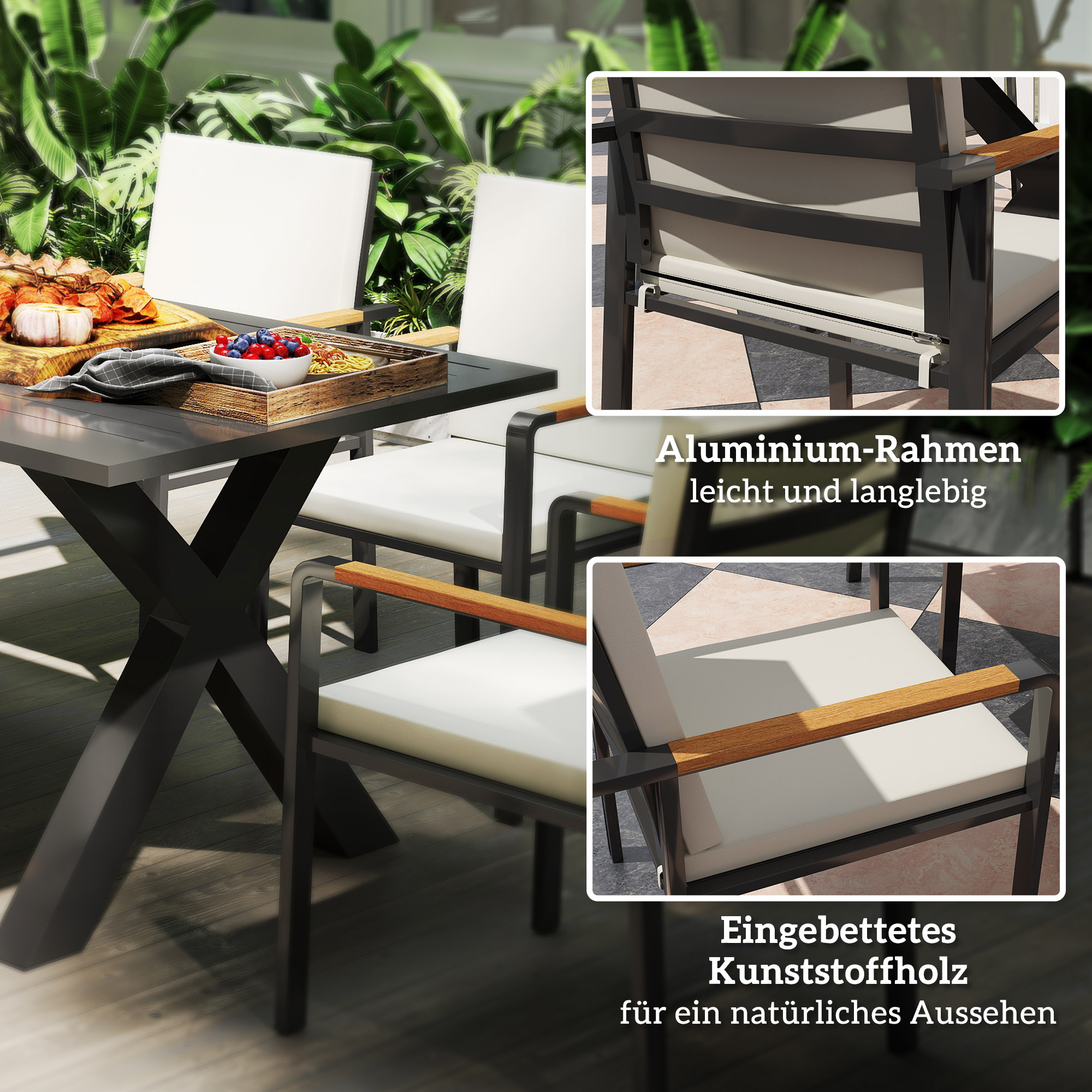 Gartenmöbel-Set für 6 Personen, 6 Stühle, 1 Tisch, wetterbeständig, 175 cm x 92 cm x 73 cm, Schwarz + Grau