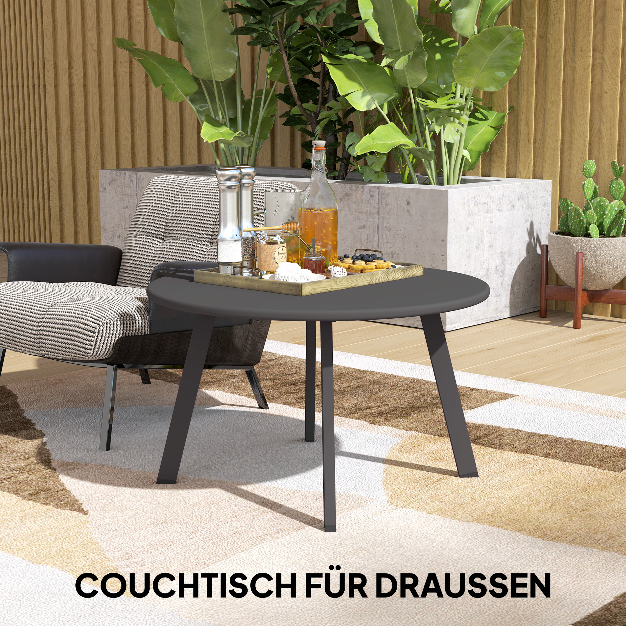 Beistelltisch Balkontisch aus Metall Rund Kaffeetisch wetterfest Gartentisch Ø70 x 42H cm Schwarz