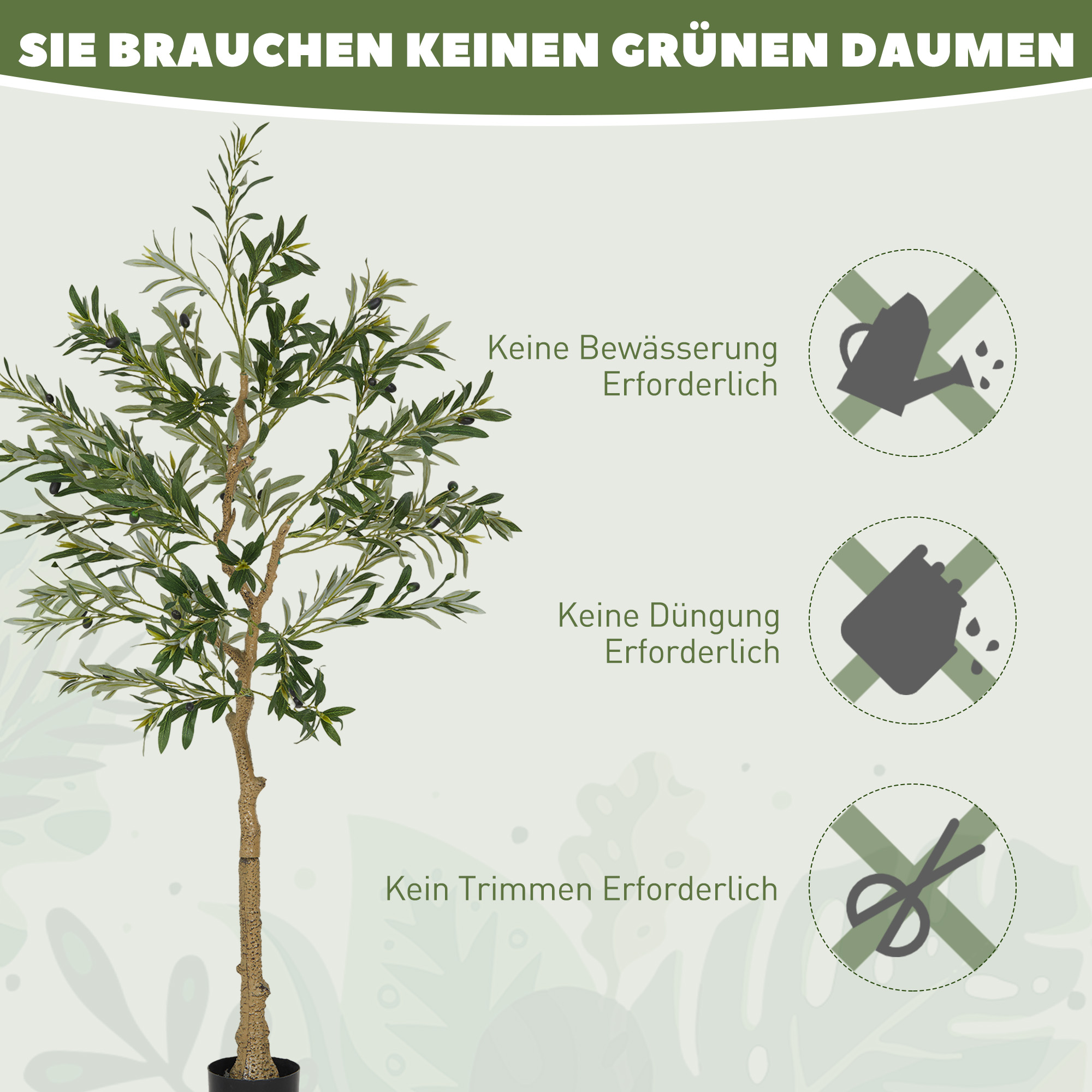Kunstpflanze, Künstlicher Olivenbaum, 150 cm, 720 Blätter, 40 Oliven, stabiler Blumentopf, Dekorationspflanze, Grün