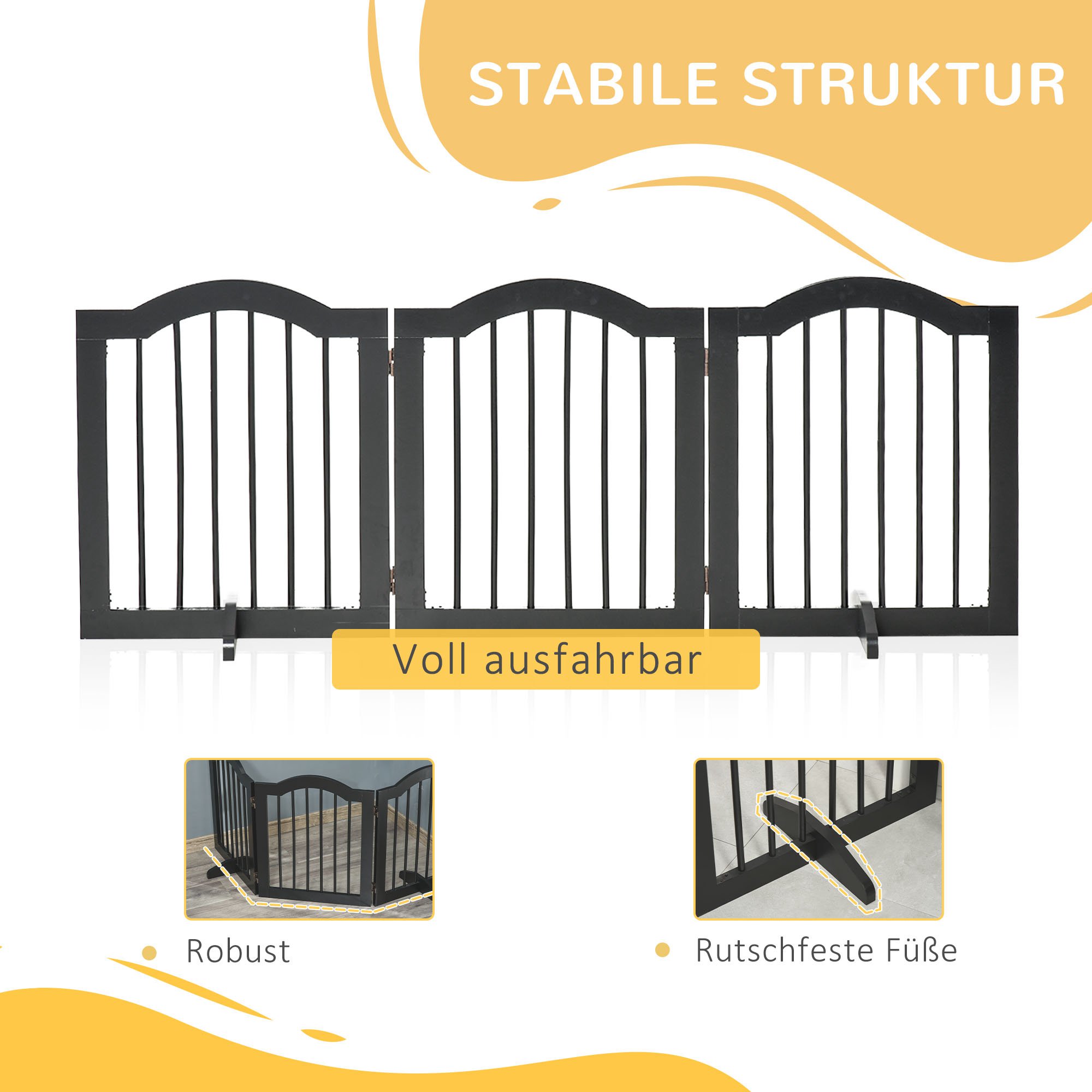 Absperrgitter Hund 3-teilig, 154,5 x 61 cm Faltbar Hundegitter mit Tür, Türschutzgitter mit 2 Stützfüßen, Freistehend Treppengitter für Küche, Flur, Schwarz