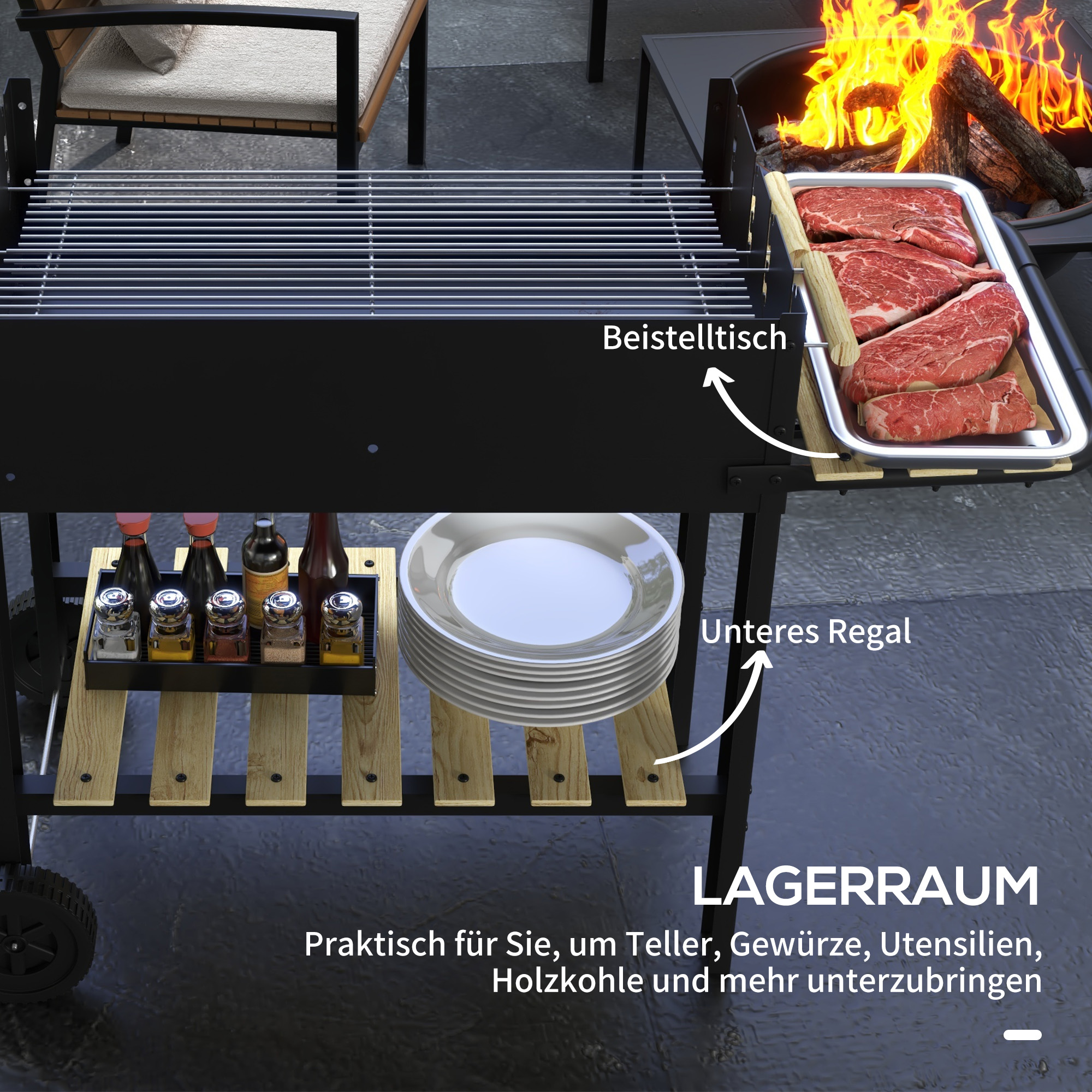 Kohlegrill, Grillwagen, 2 Grillflächen, 2 Räder, Griffe, Ablagen, 113 x 53,5 x 82,5 cm, Schwarz