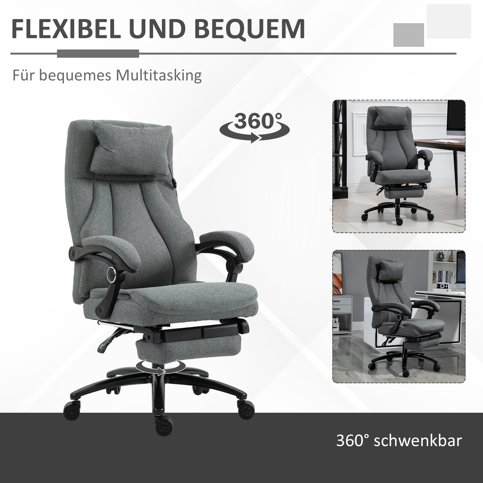 Bürostuhl massage, höhenverstellbarer Chefsessel, Gamingstuhl mit Fußstütze Massagefunktion, ergonomischer Drehstuhl, Massage Sessel, Leinen-Gefühl, Grau, 64 x 74 x 109-117 cm