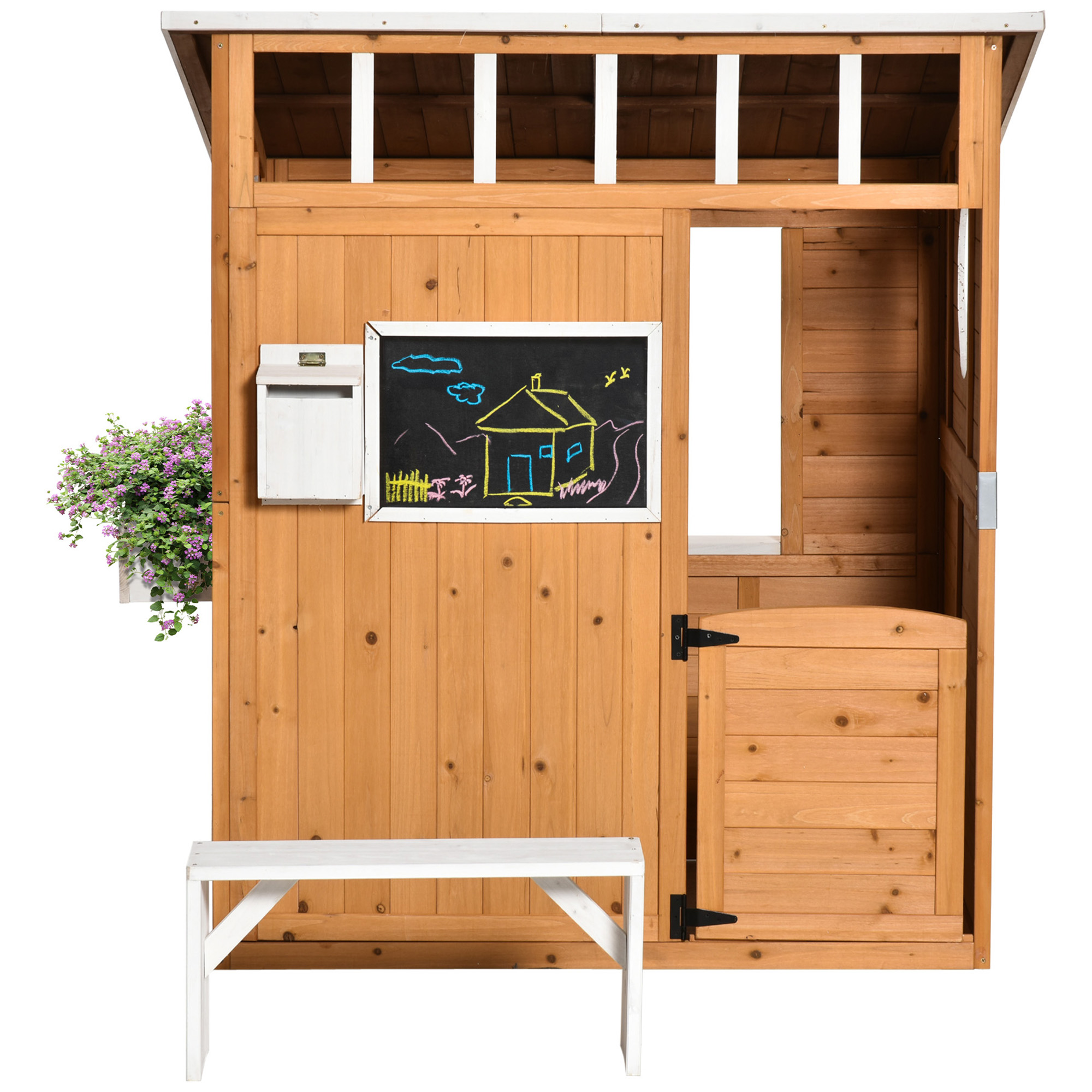 Kinderspielhaus aus Naturholz, mit Briefkasten und Blumenkasten, Natur