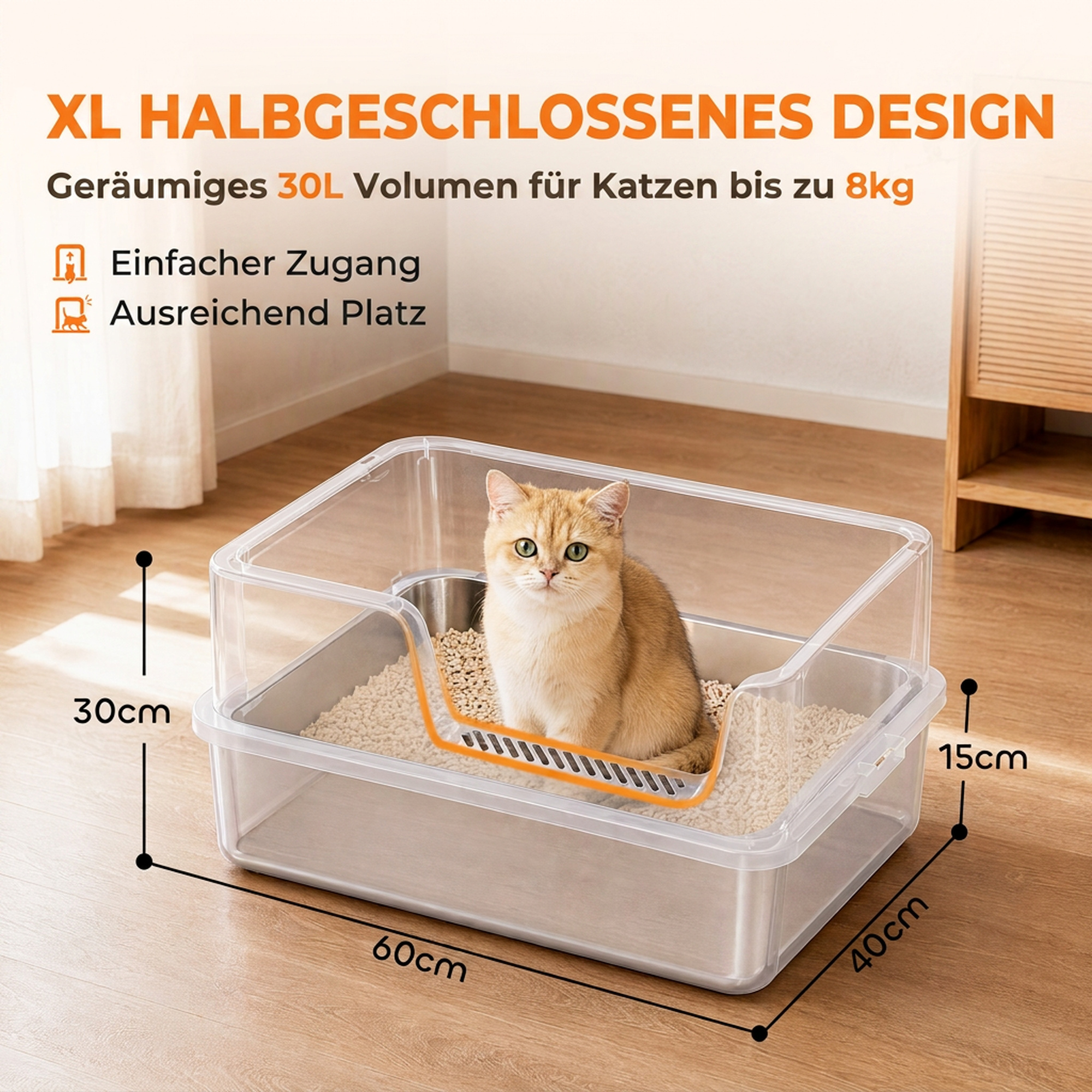 Katzentoilette XL Edelstahl mit Deckel, hohe Seitenwände, Schaufel Bürste Matte für Kätzchen bis 8 kg Hellgrau