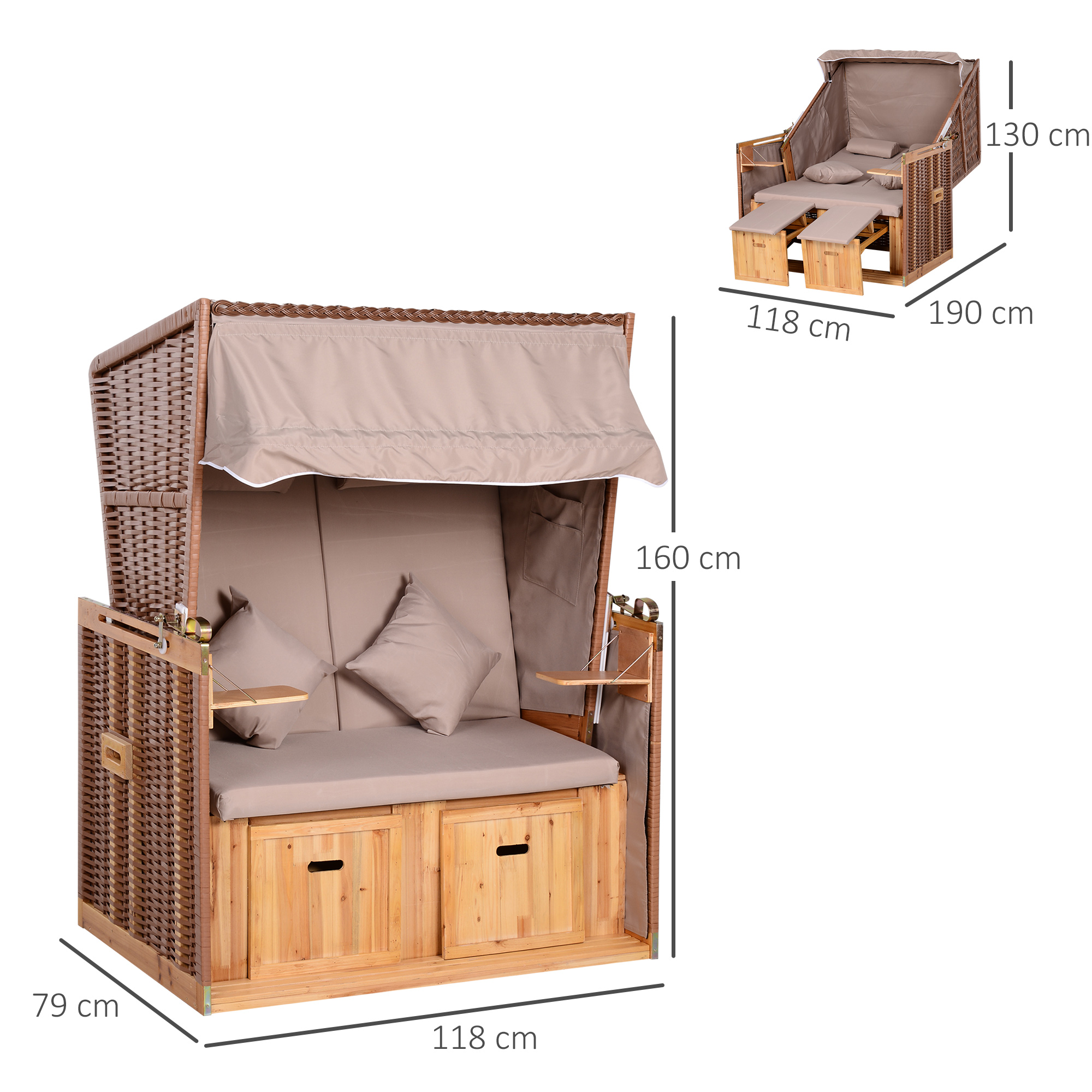 Strandkorb für 2 Personen mit neigbarer Rücklehne Beige 118 x 79 x 160cm
