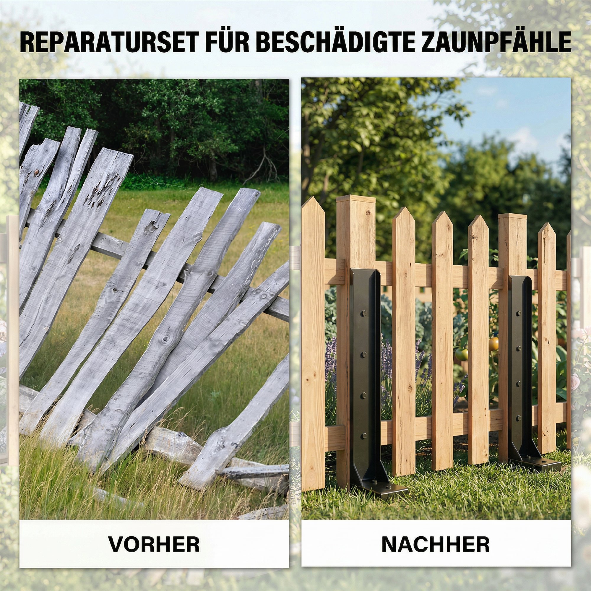 Zaunpfosten Reparaturset 2er-Set Stützpfähle für Zaunpfosten mit Nägeln Bohrer 81 x 5,5 x 12 cm Schwarz