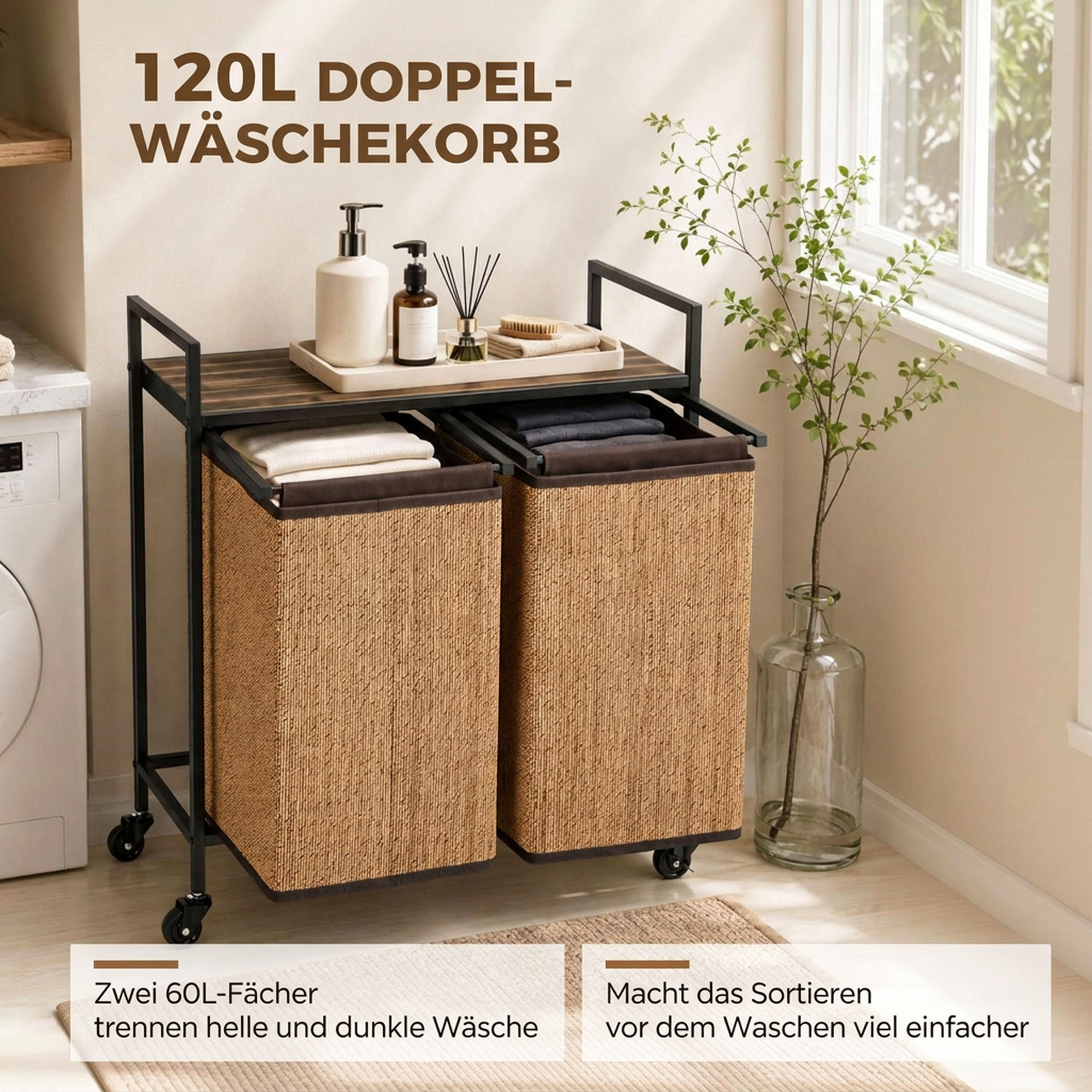Wäschekorb Bambus 2 Fächer 120 L Wäschesammler mit Regal Ablage, Wäschebox Wäschesack, Rollbar 73x33x78 cm, Braun