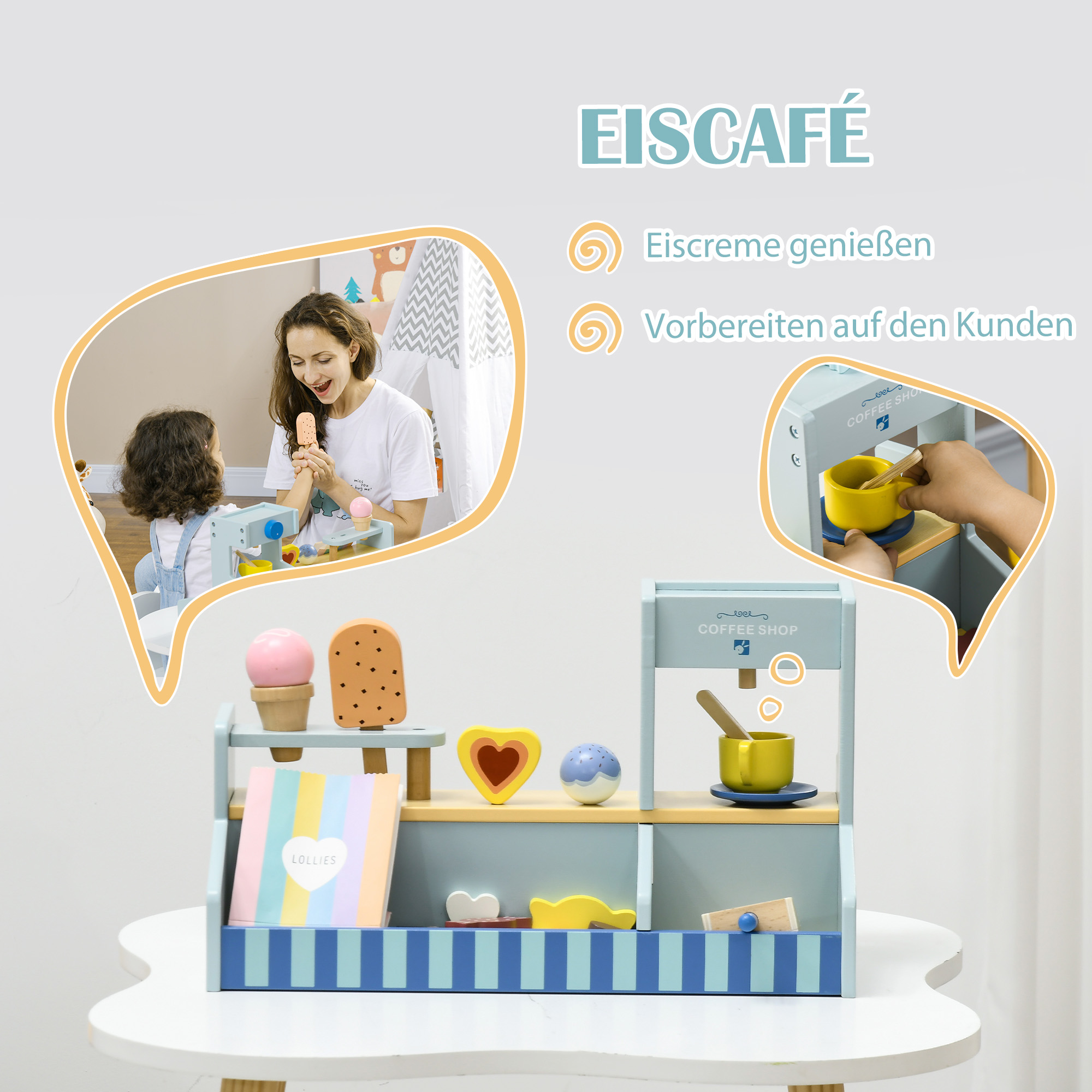 Spiel-Eisladen für Kinder, Eiscreme-Stand, viel Zubehör, fördert Fantasie und Motorik, Hellblau