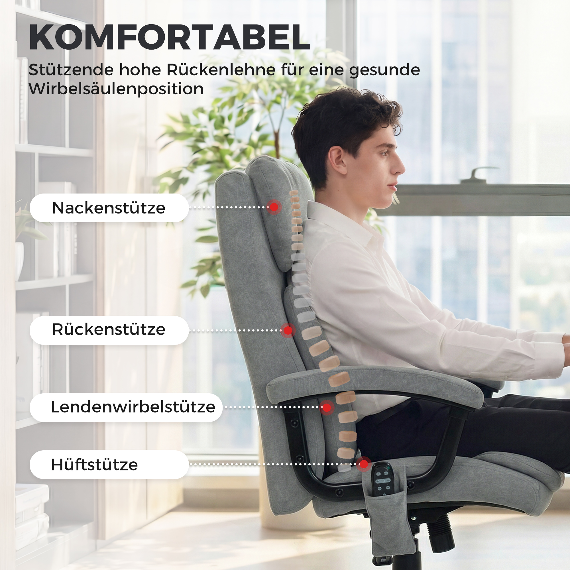ergonomischer Massage-Bürostuhl mit 4 Knetpunkten, Chefsessel mit hoher Butterfly-Rückenlehne, breitem Sitz, Grau