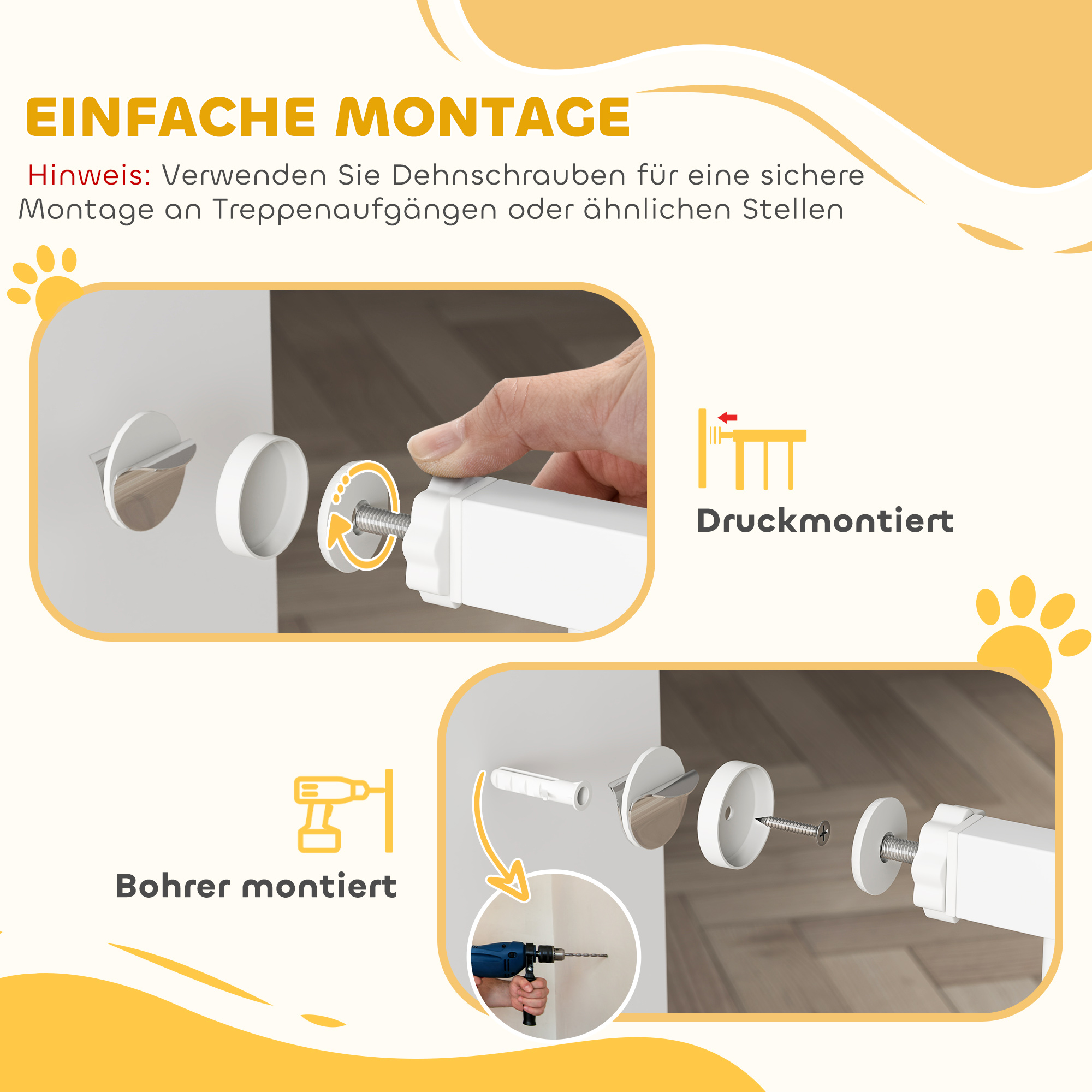 Haustiertor, 77 cm Treppengatter, verstellbare Breite 76-104 cm, mit Katzentür, für Treppen und Türöffnungen, Weiß