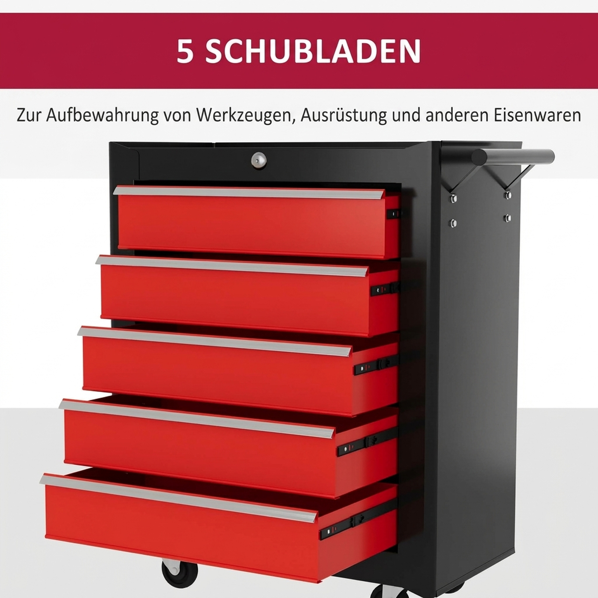 Werkzeugkiste, Werkzeugschrank, rollbar, 5 Schubladen, Stahlblech, Schwarz+Rot
