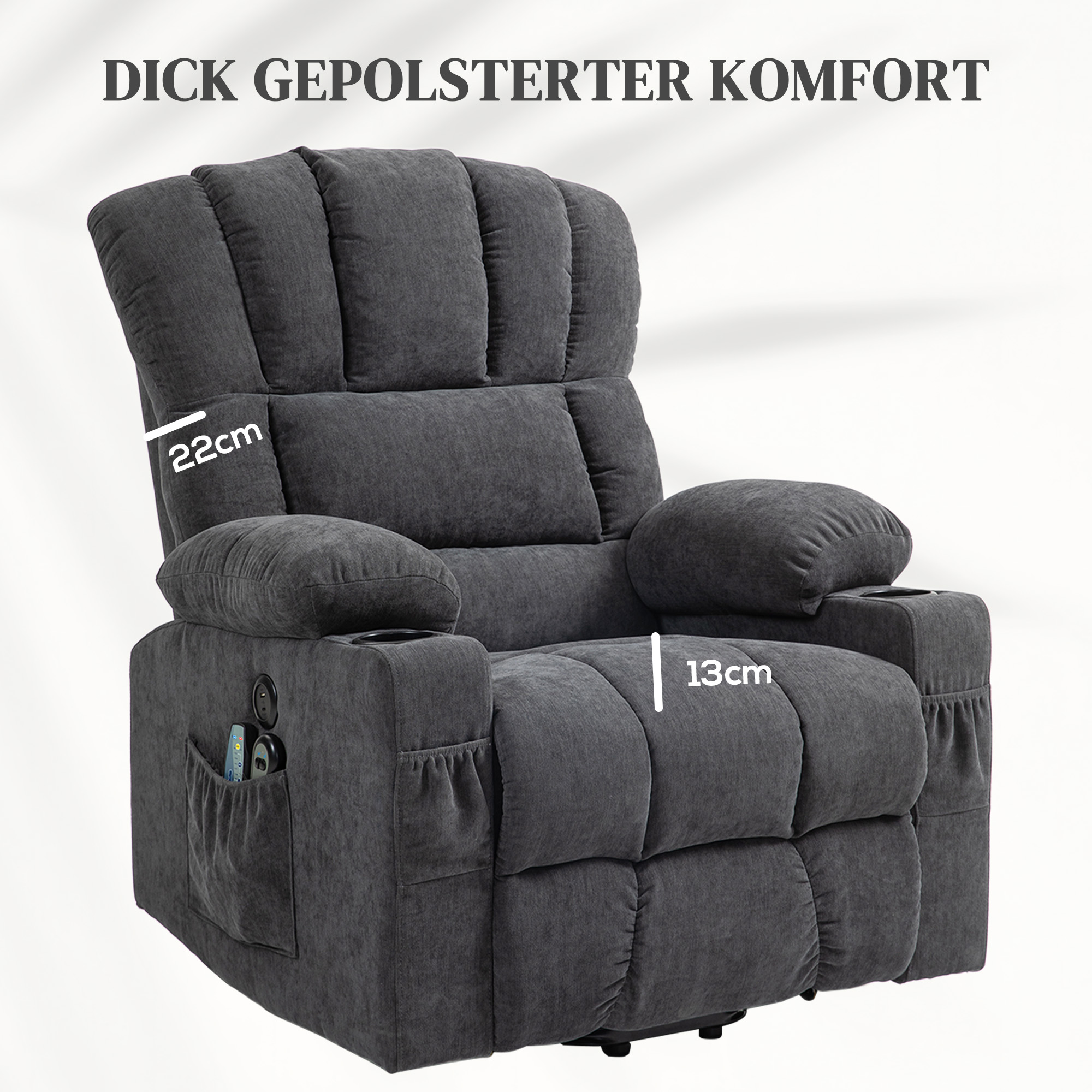Power Lift Aufsteh-Sessel mit Massage- und Wärmefunktion, USB-Anschlüssen, Becherhaltern, Dunkelgrau