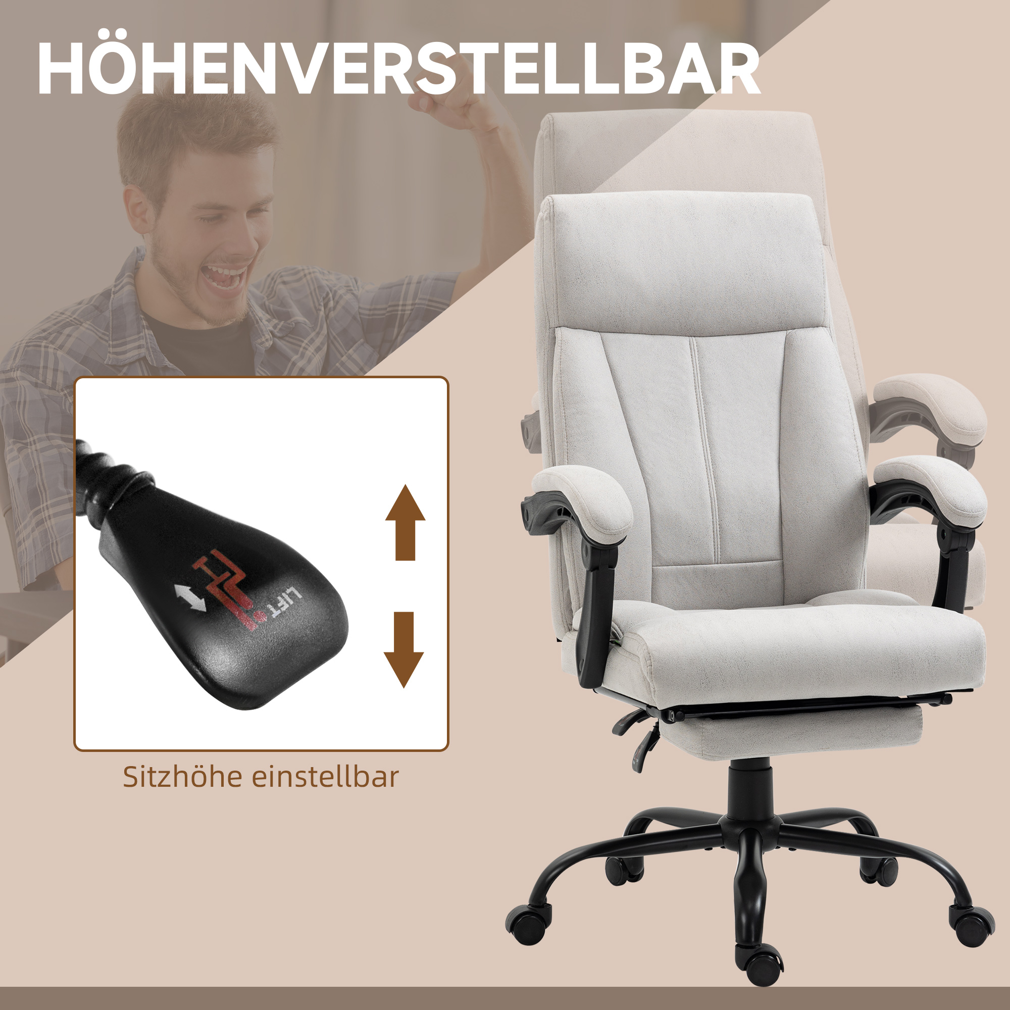 Massage-Bürostuhl Bürostuhl Computerstuhl, Lendenheizung, Neigungsfunktion, Hellgrau