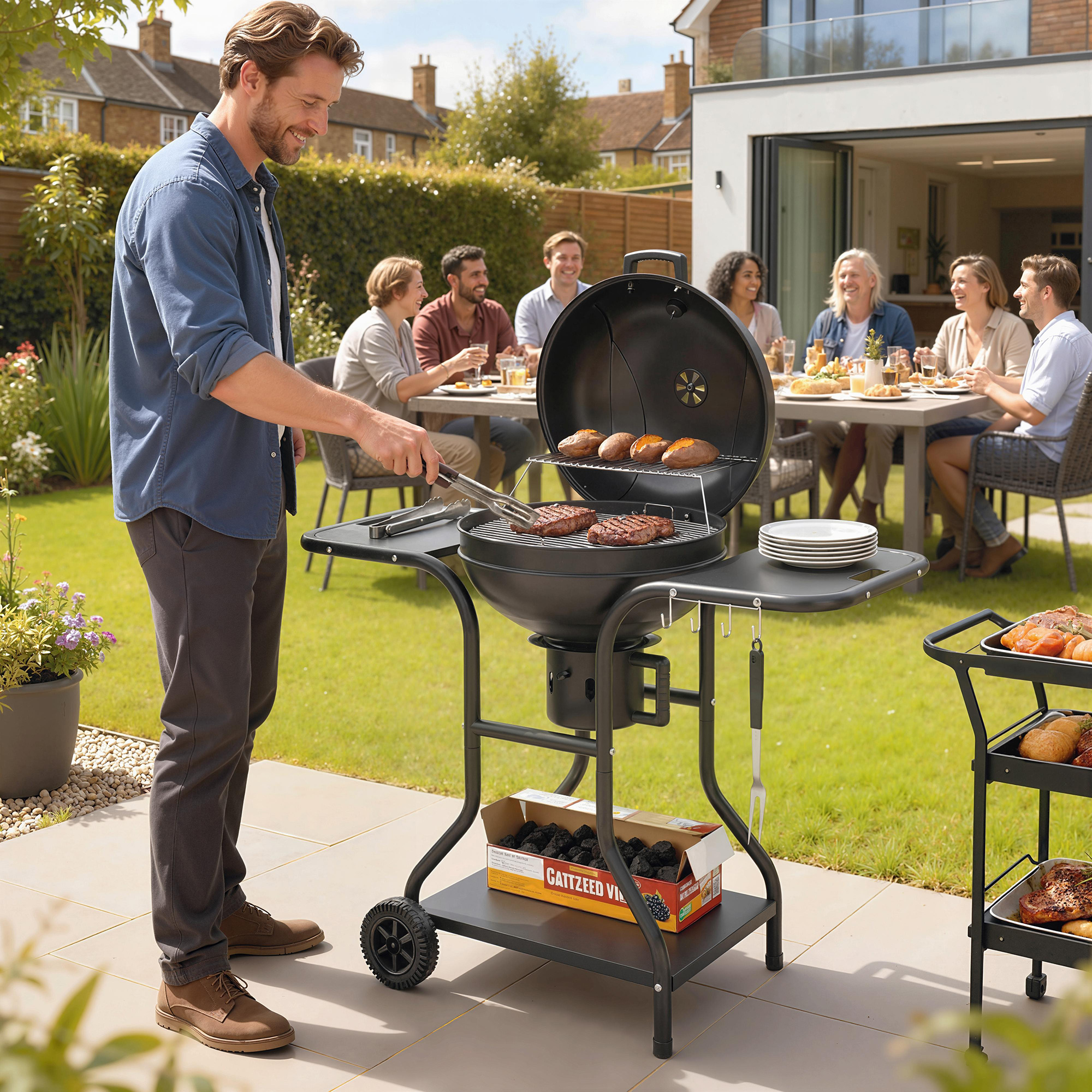 Holzkohlegrill BBQ Smoker mit Seitentischen Deckel Thermometer Räder 129 x 63,5 x 106,5 cm