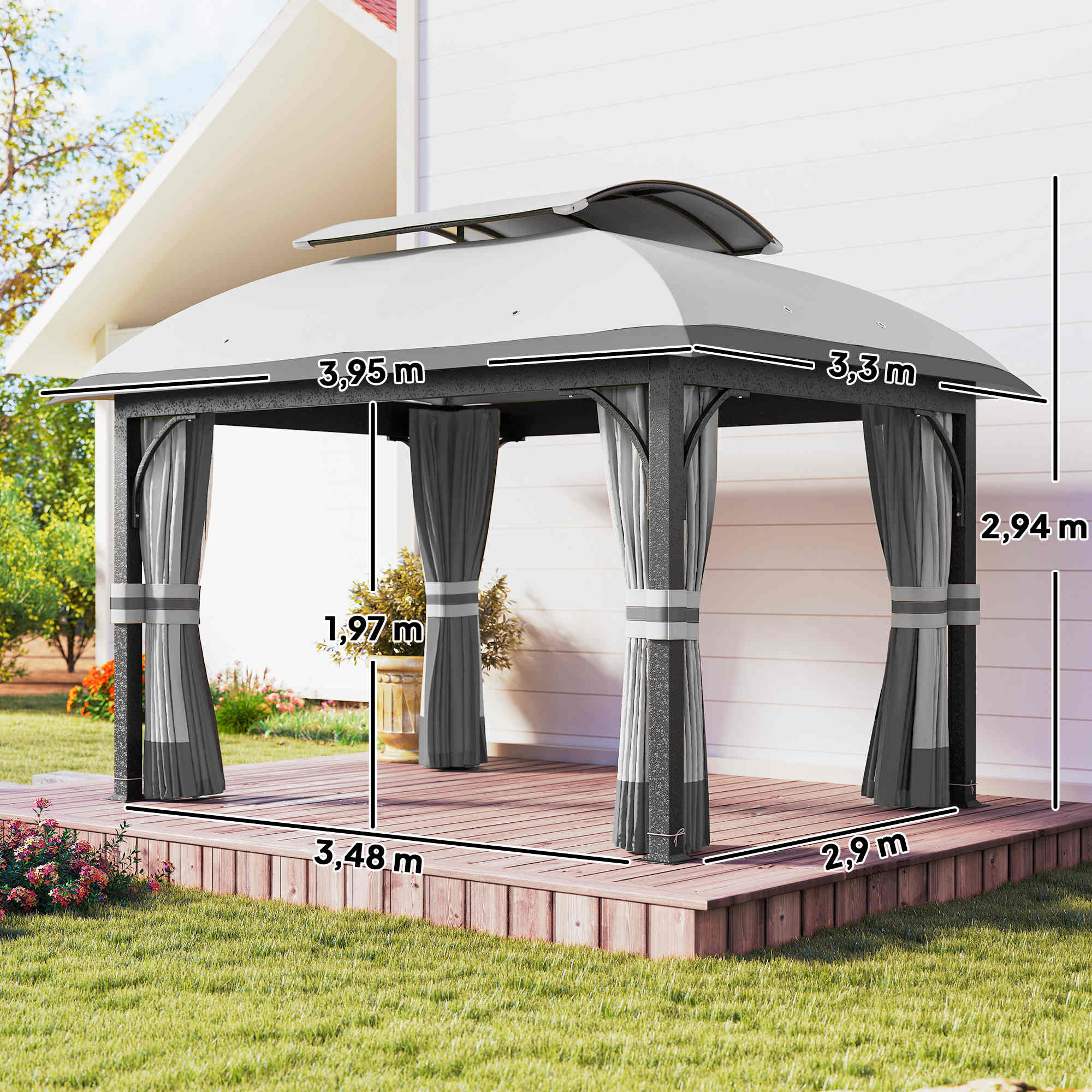 Gartenpavillon, 3,3 x 4 m Gartenzelt mit Netz-Vorhängen, zweistufiges Dach, Kunstleder-Bezug, Metallrahmen, Hellgrau