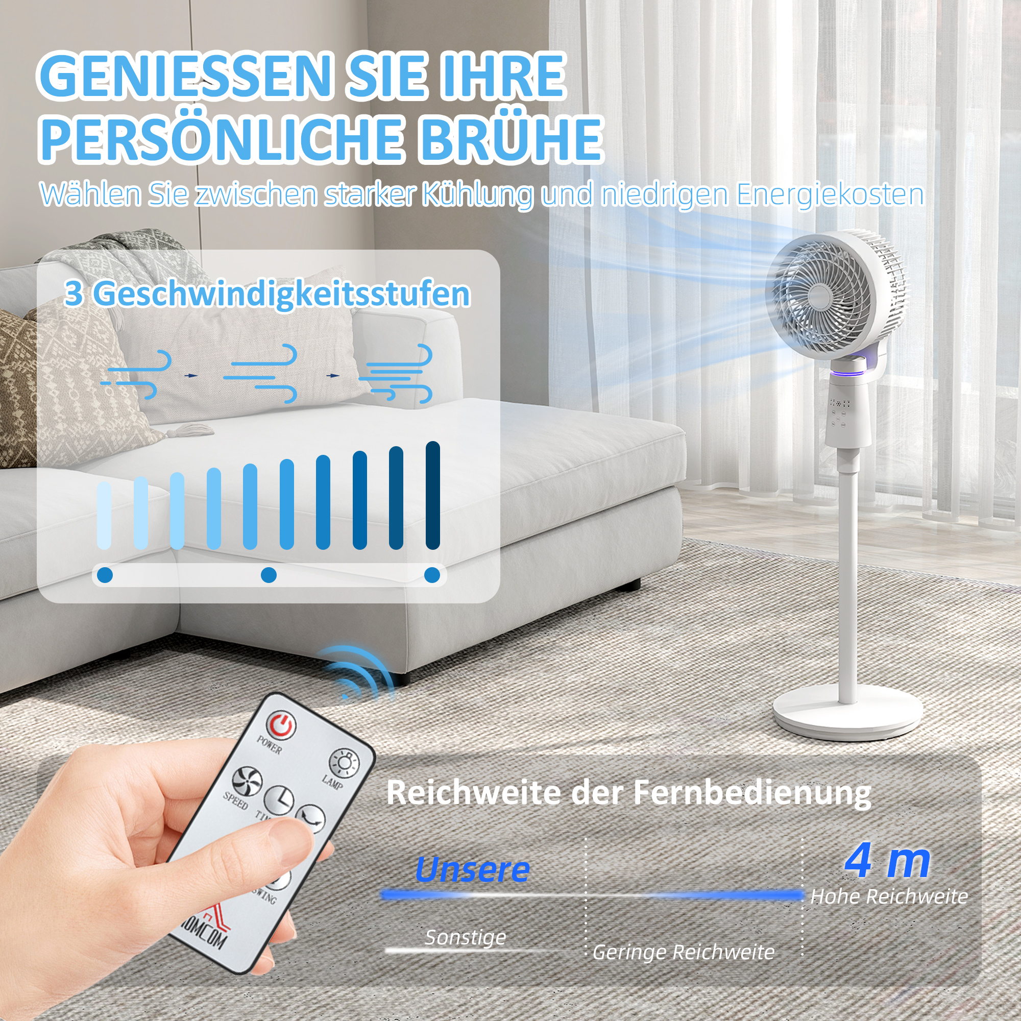Standventilator Luftzirkulator Lüfter mit 3 Geschwindigkeitsstufen Fernbedienung Timer 70°+90° Oszillation