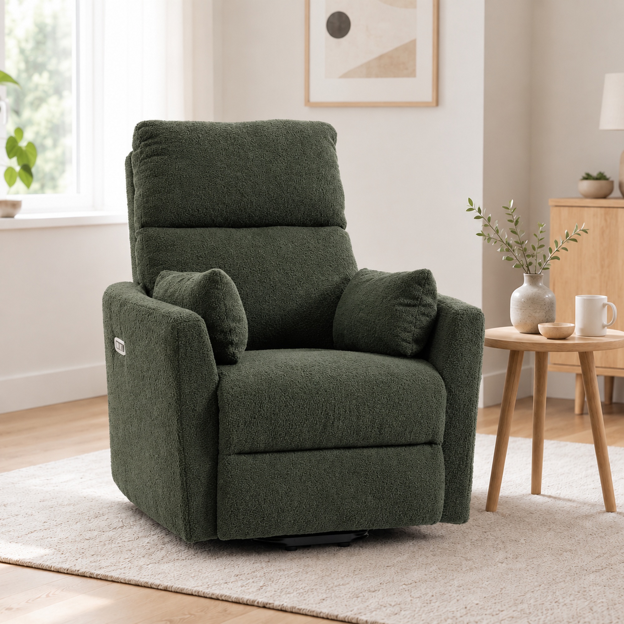 Aufstehsessel mit Massage und Wärme, elektrischer Relaxsessel aus Teddyfleece für Senioren, Dunkelgrün
