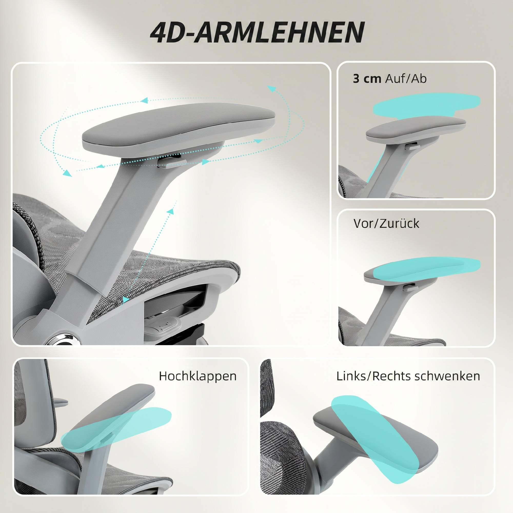 Ergonomischer Bürostuhl, Mesh-Computersessel mit separatem Rücken, Lendenstütze, 4D klappbare Armlehnen, Grau