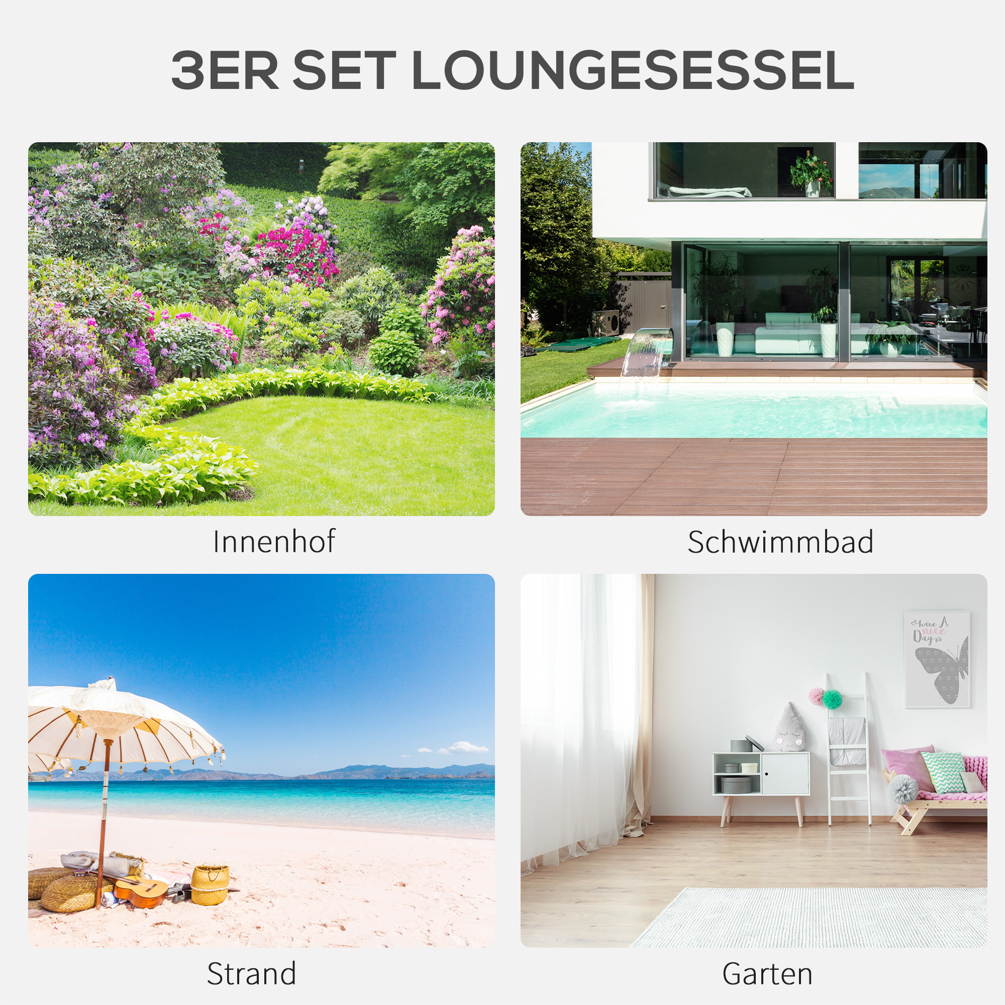 Gartenlounge-Set, 2 Liegen mit Beistelltisch, atmungsaktiver Stoff, stabiler Metallrahmen, Schwarz