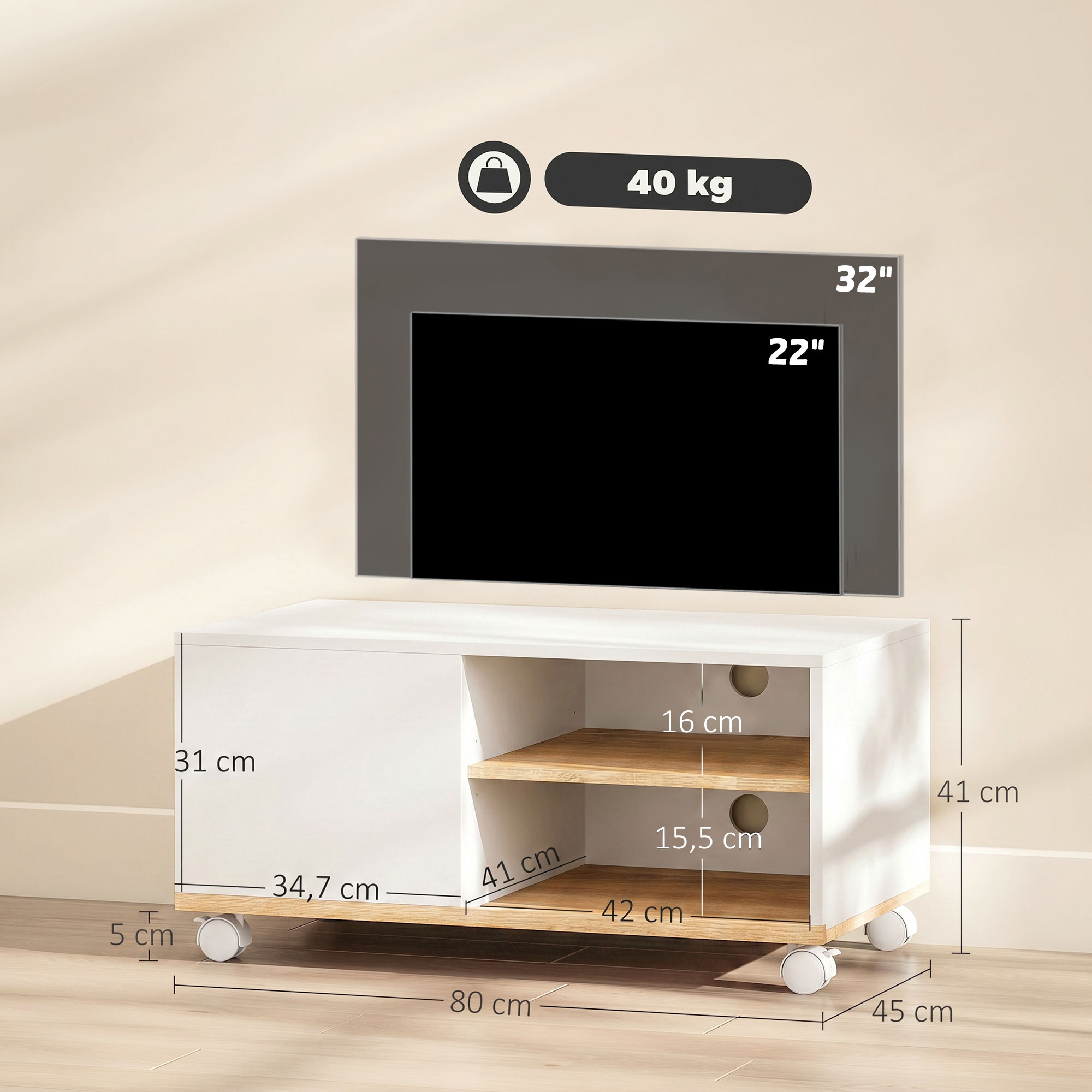 TV-Board auf Rollen mit Bremsen, TV-Möbel mit Schrank und verstellbarer Ablage, Weiß und Eiche