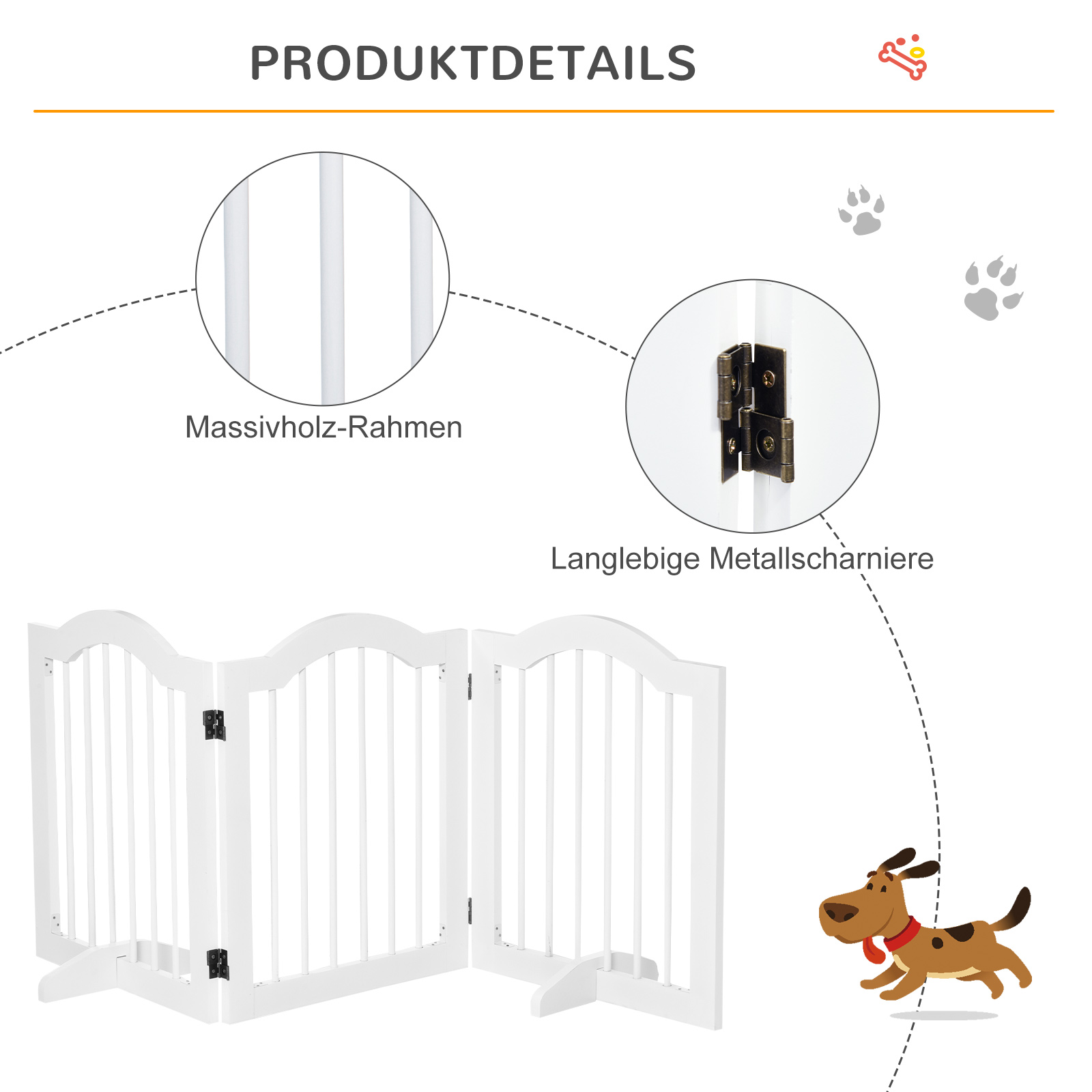 Absperrgitter Hund 3-teilig, 154,5 x 61 cm Faltbar Hundegitter mit Tür, Türschutzgitter mit 2 Stützfüßen, Freistehend Treppengitter für Küche, Flur, Weiß